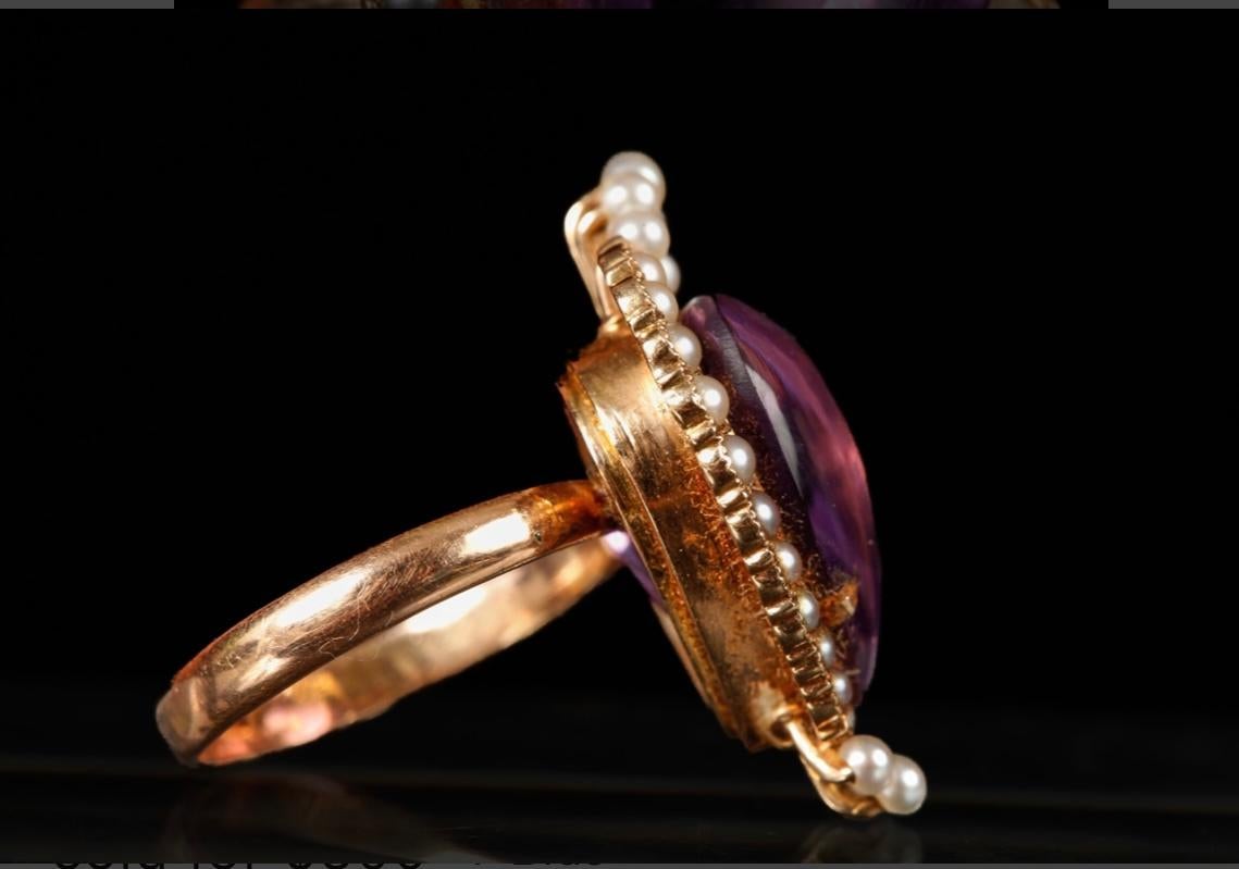 Royal Amethyst Heart Ring Pearl Halo 14 Karat Gold Antique For Sale 6