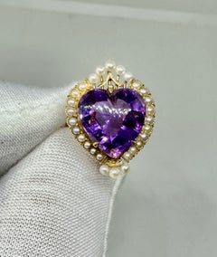 Royal Amethyst Heart Ring Pearl Halo 14 Karat Gold Antique