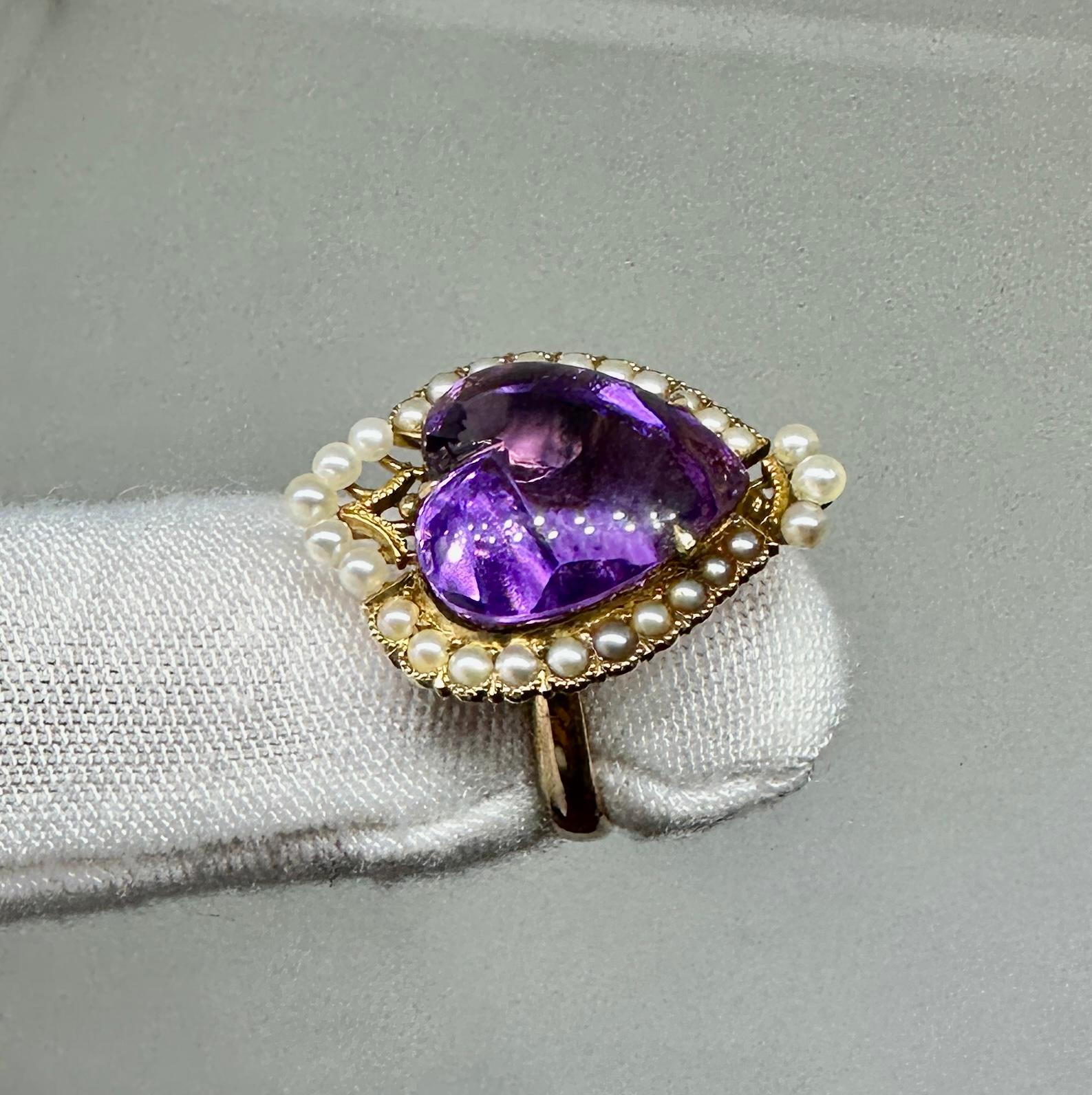 Heart Cut Royal Amethyst Heart Ring Pearl Halo 14 Karat Gold Antique For Sale