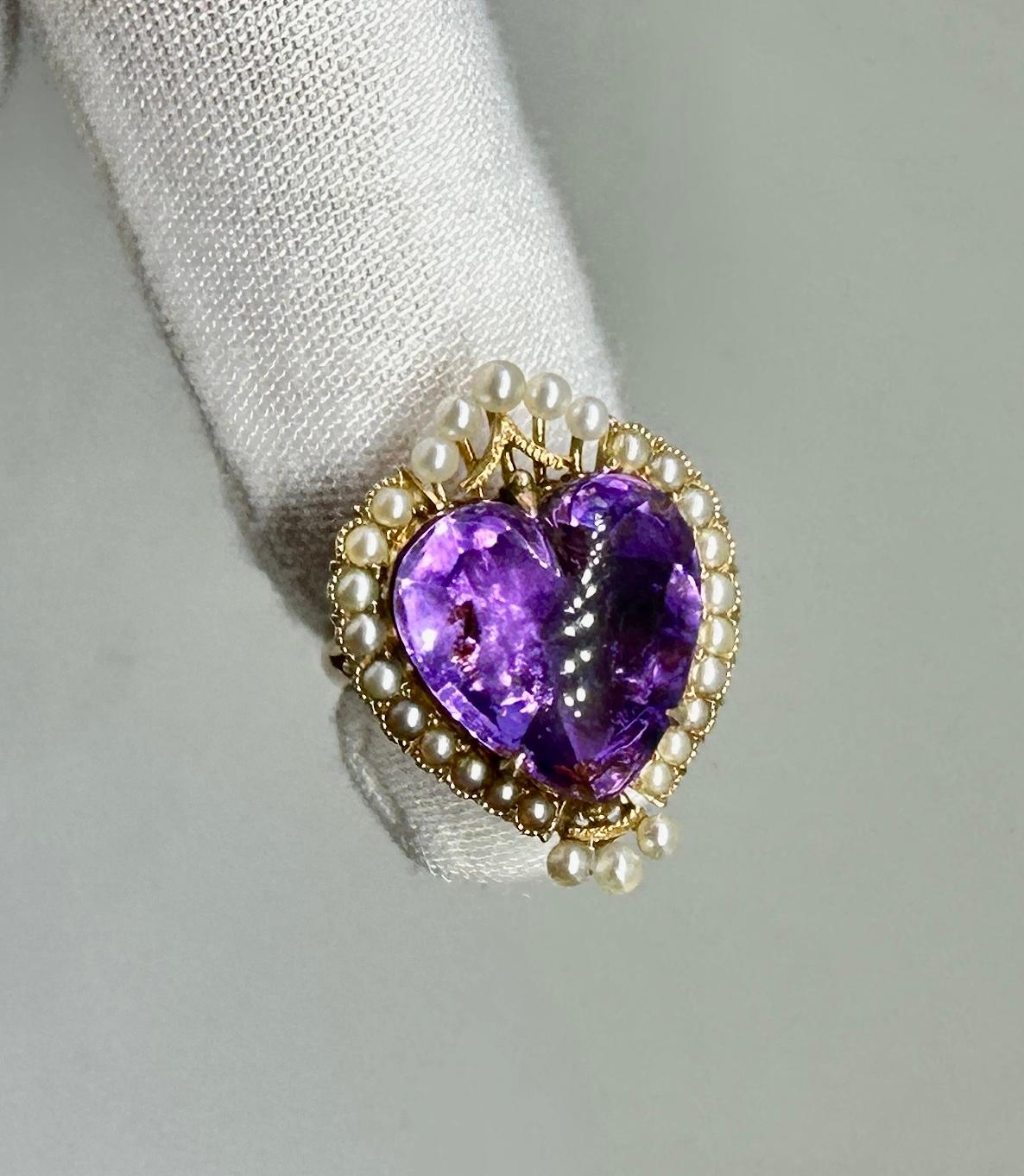 Women's Royal Amethyst Heart Ring Pearl Halo 14 Karat Gold Antique For Sale