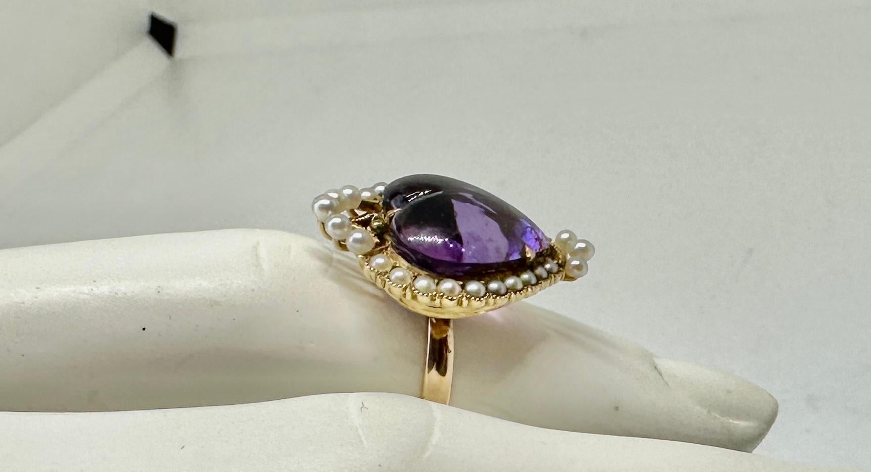 Royal Amethyst Heart Ring Pearl Halo 14 Karat Gold Antique For Sale 1