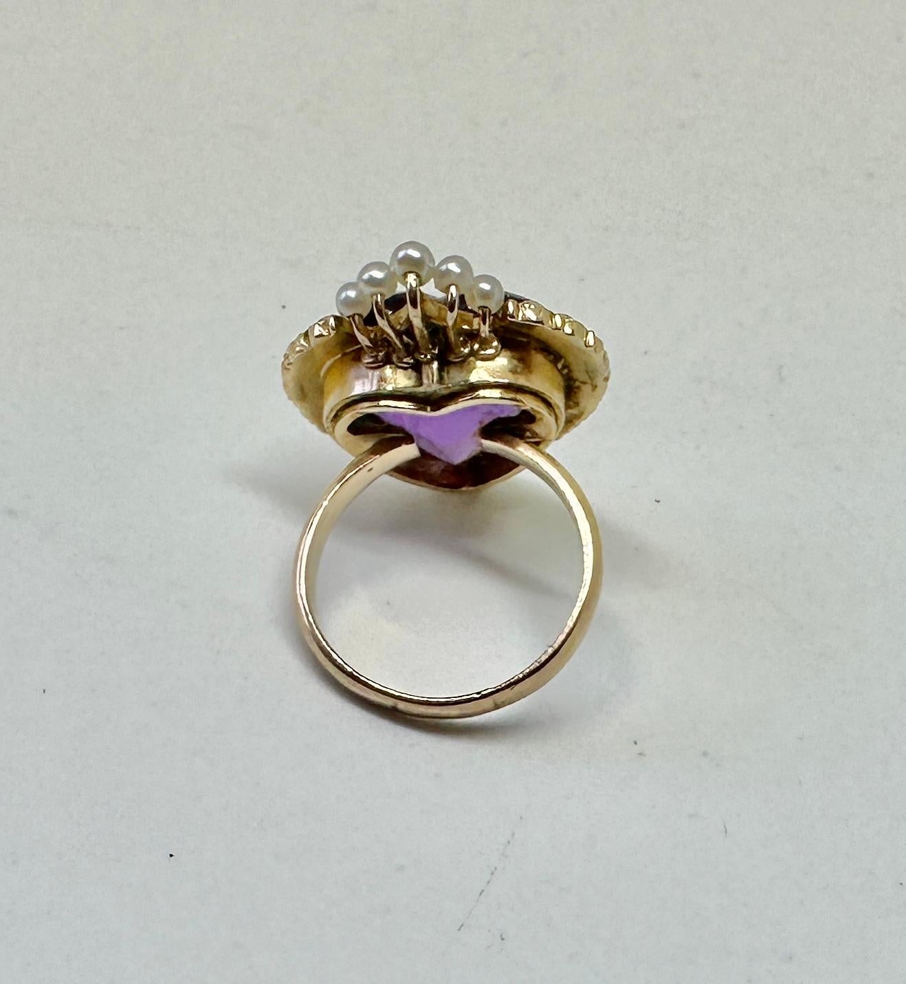 Royal Amethyst Heart Ring Pearl Halo 14 Karat Gold Antique For Sale 2