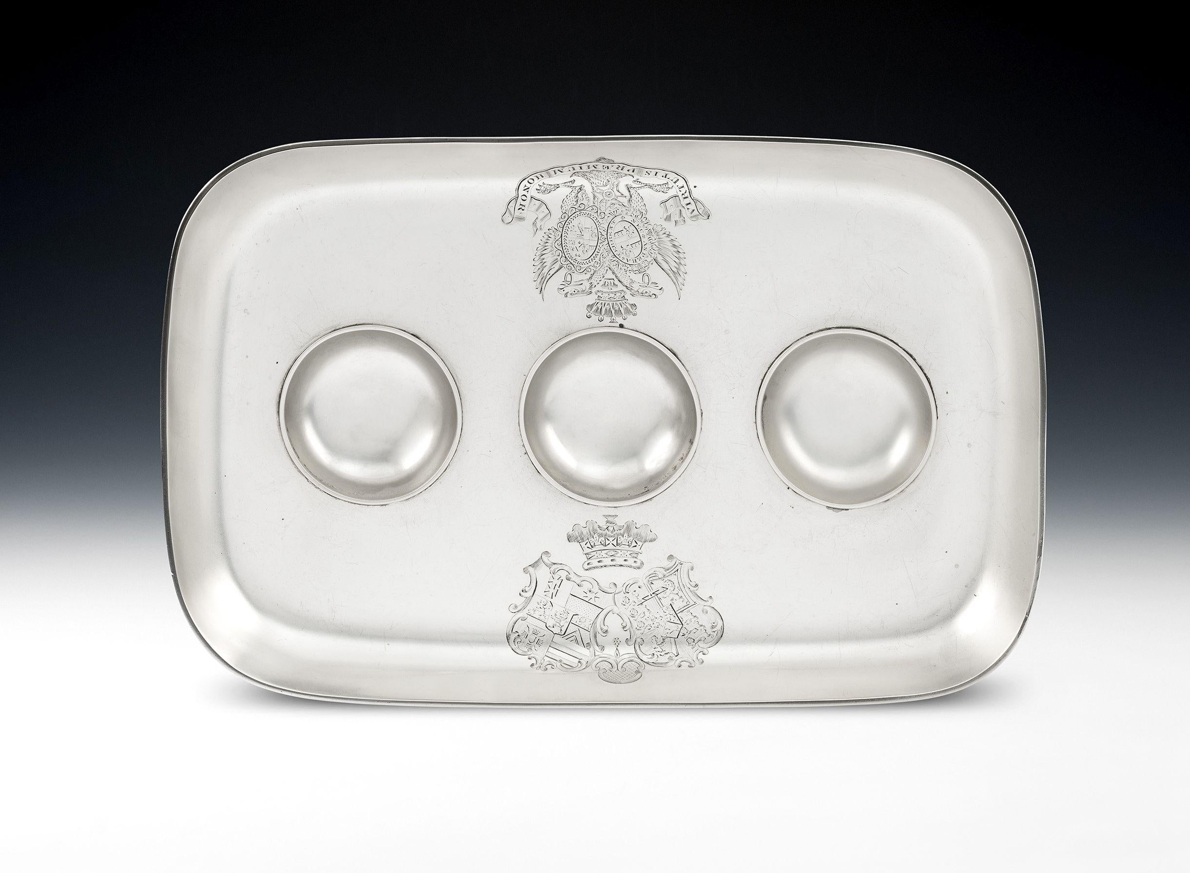 This highly important and exceptional Royal Inkstand was made in London in 1835 by the very fine silversmith Charles Fox II. The Inkstand is of a large size and broad rectangular in form, with up curved sides and rounded corners. This piece stands