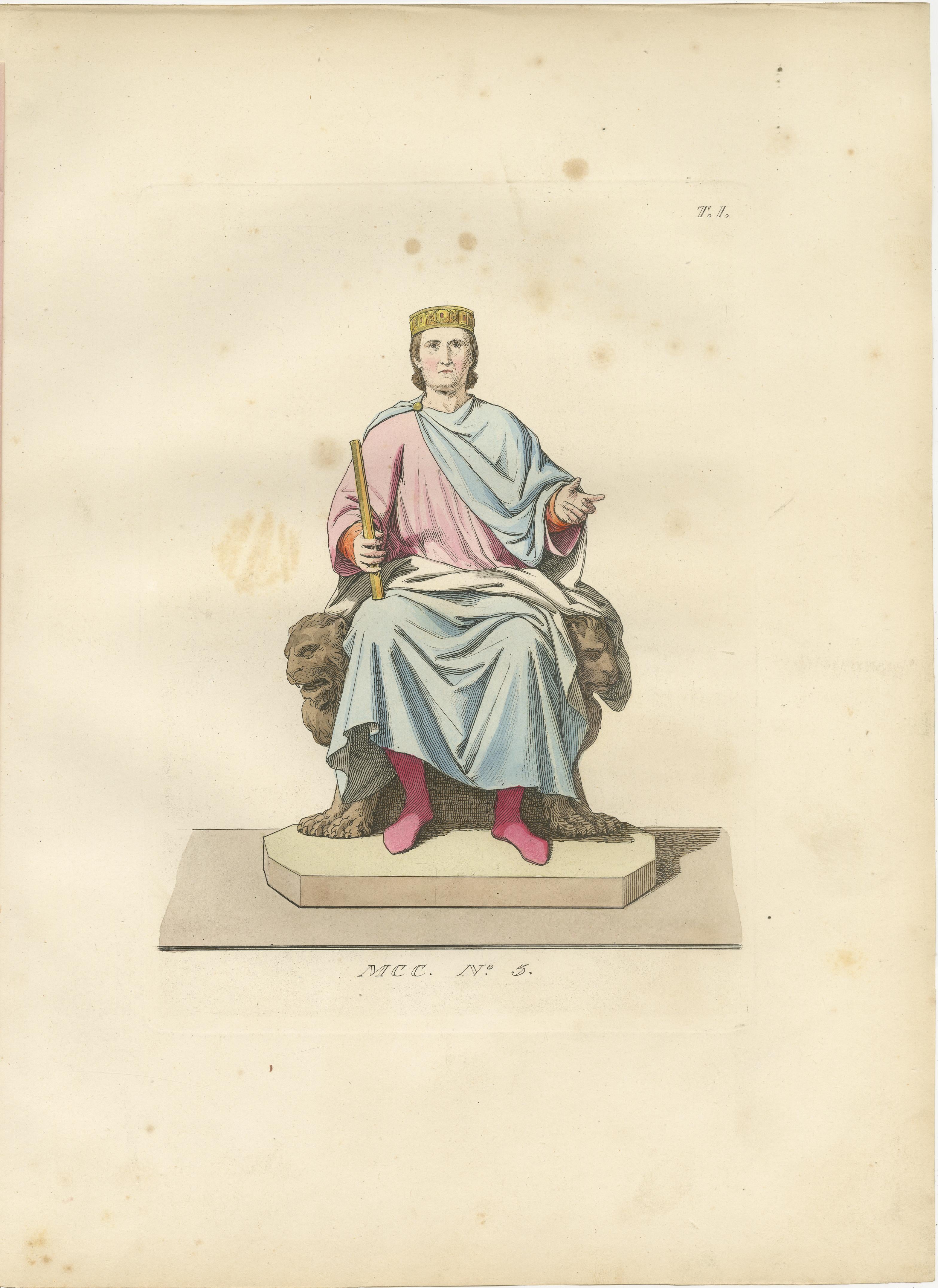 Royal and Noble Costume Prints: Charles d'Anjou, Military Attire, Young Squire

This refined set of three hand-colored lithographs presents historically rich and visually detailed portrayals of medieval European figures, offering insight into royal,