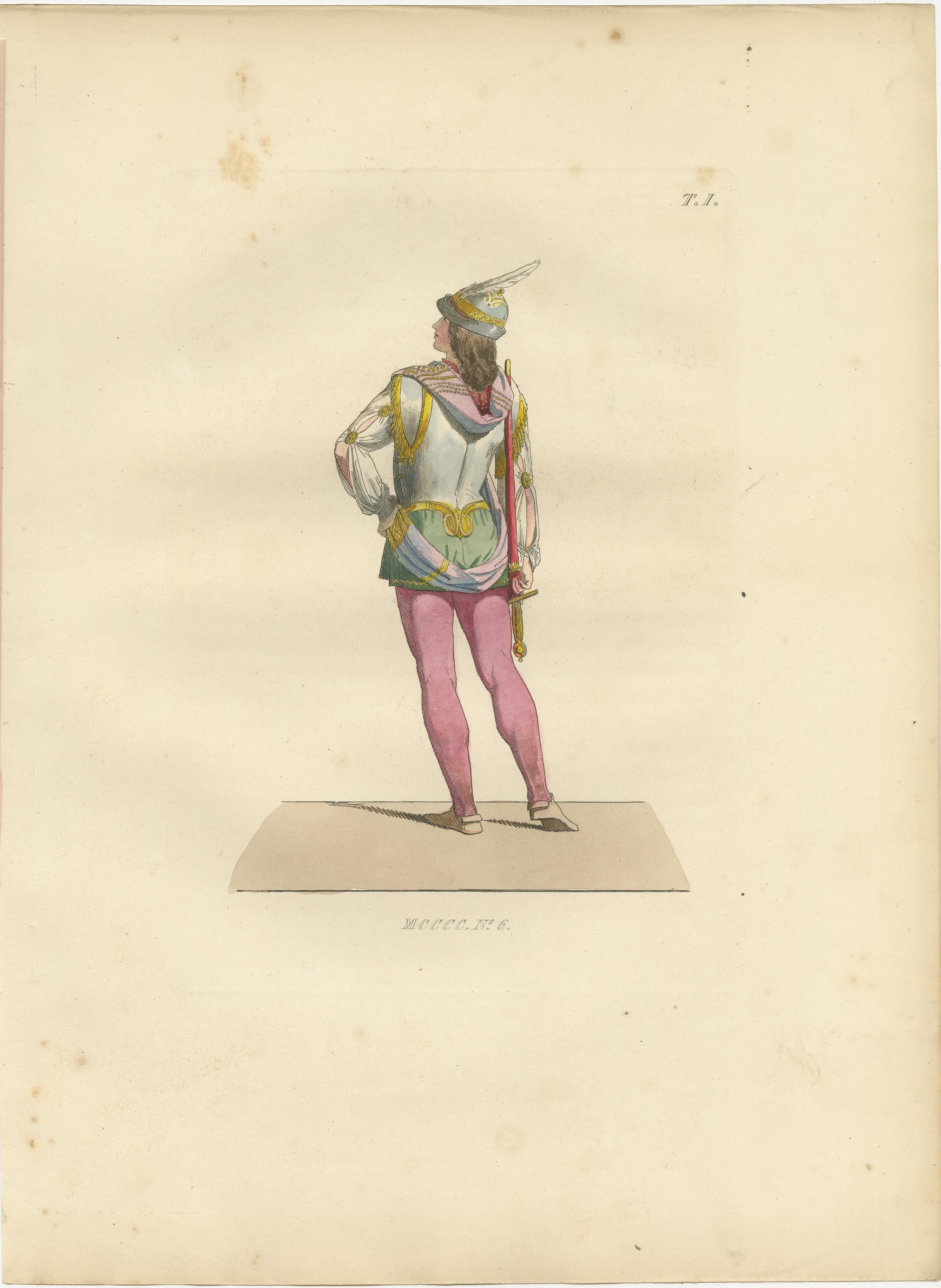French Royal and Noble Costume Prints: d'Anjou, Military Attire, Young Squire, 1845 For Sale