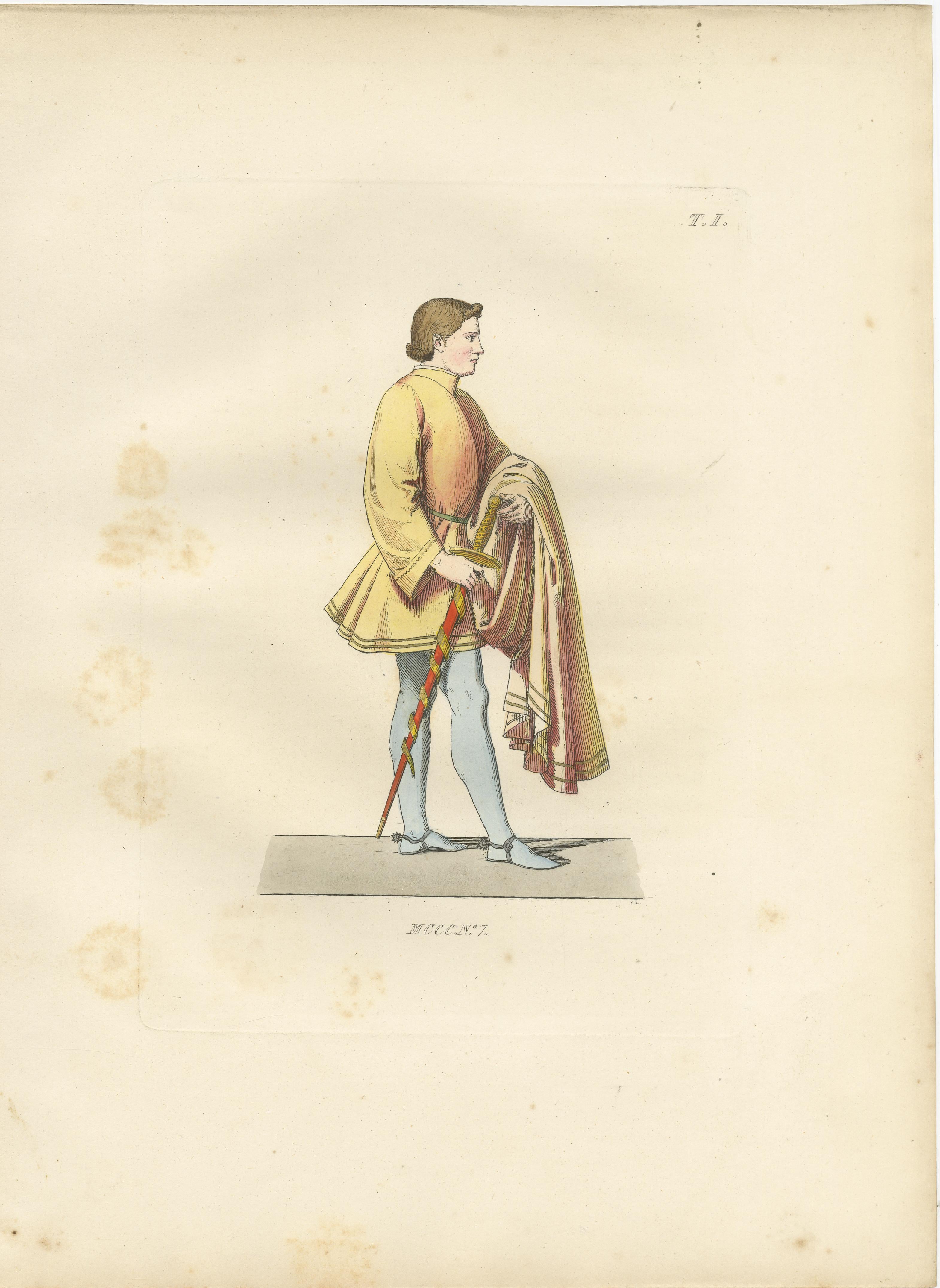 Engraved Royal and Noble Costume Prints: d'Anjou, Military Attire, Young Squire, 1845 For Sale