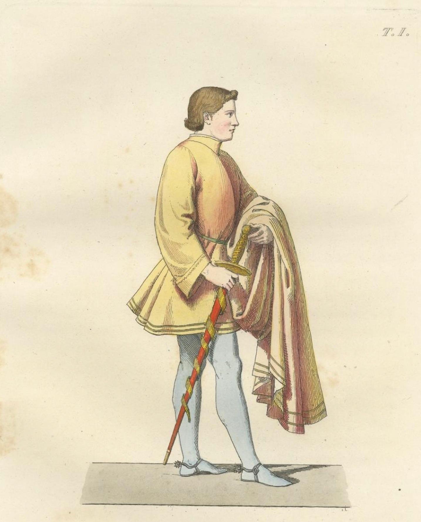 Royal and Noble Costume Prints: d'Anjou, Military Attire, Young Squire, 1845 In Good Condition For Sale In Langweer, NL
