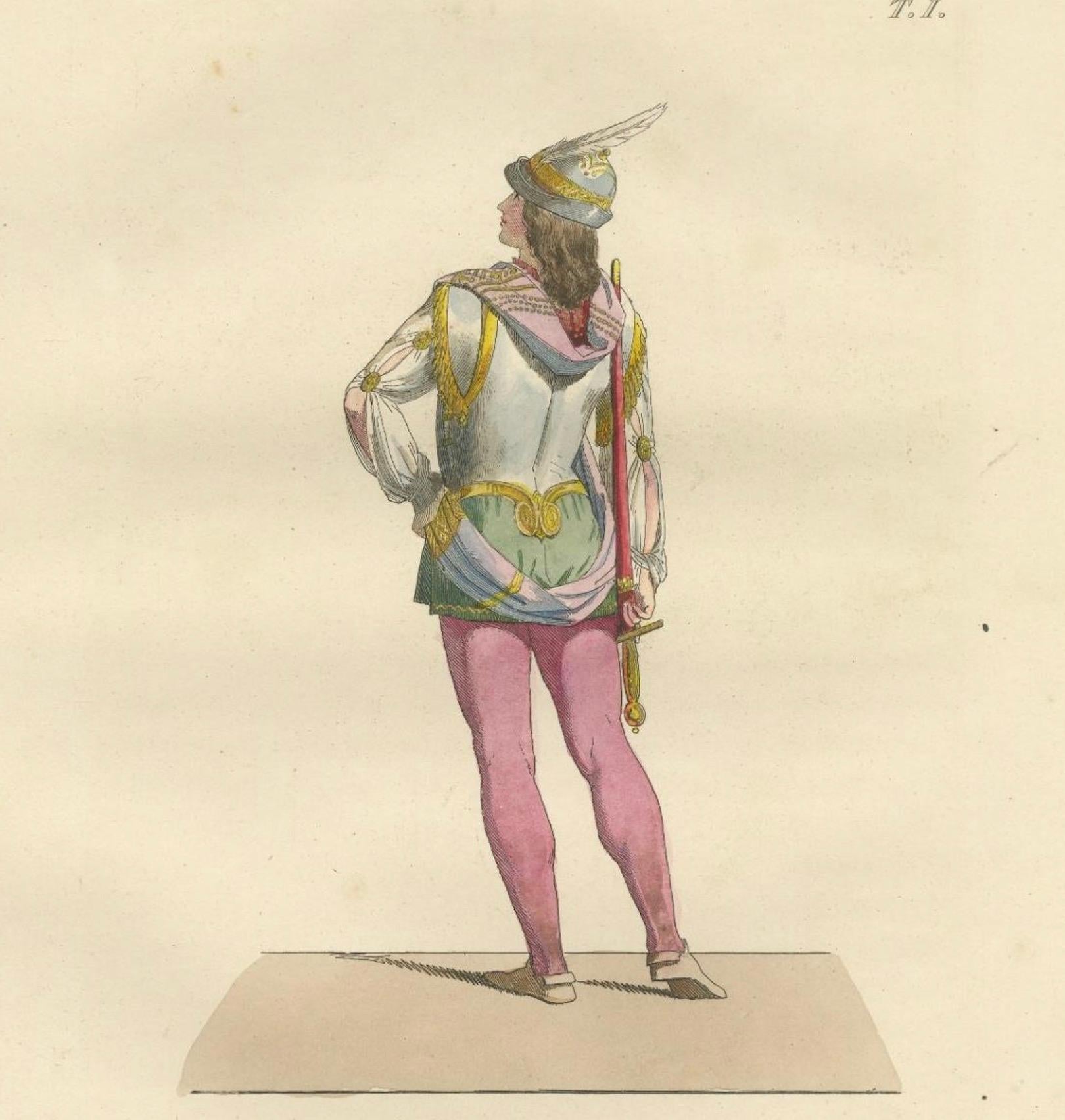 19th Century Royal and Noble Costume Prints: d'Anjou, Military Attire, Young Squire, 1845 For Sale