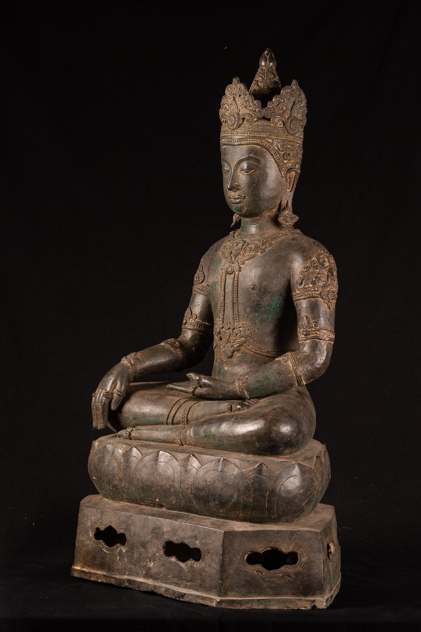 Thai Royal Antique Bronze Buddha with Imperial Attire, Fine Details, 18th Century