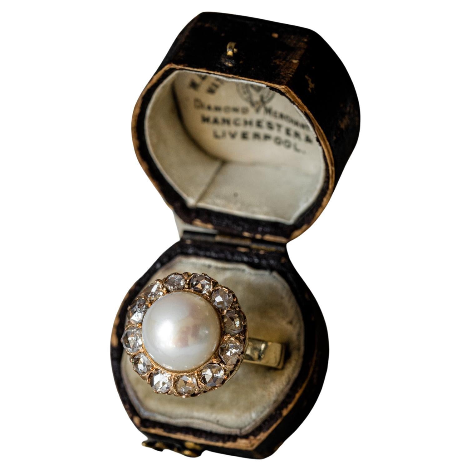 Royal Antique Victorian Pearl 2.4CT Diamond Ring 18CT Gold Rose Cut Diamond Ring