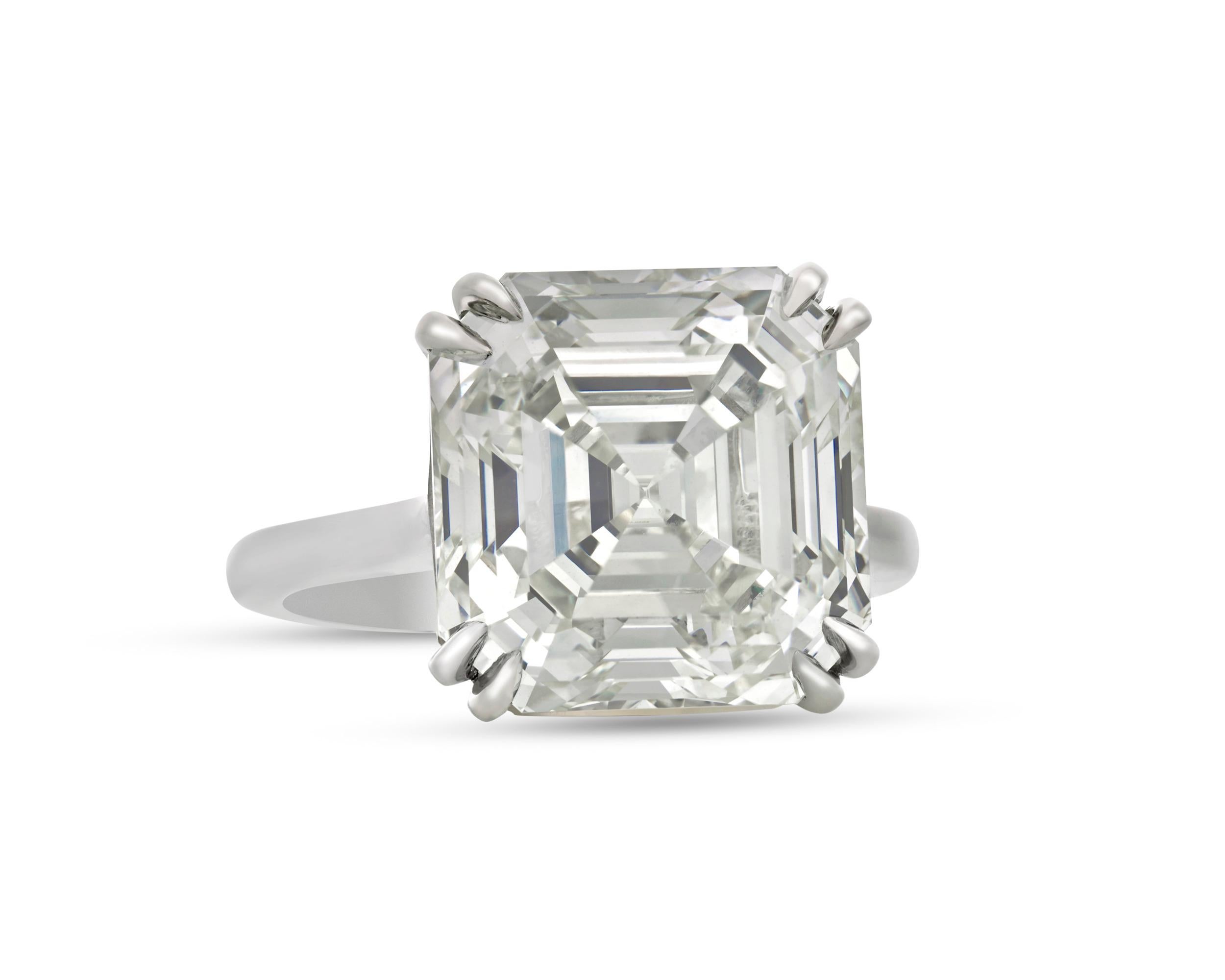 A stunningly beautiful Royal Asscher-cut diamond weighing an impressive 10.73 carats serves as the centerpiece of this breathtaking solitaire ring. The ring’s understated setting crafted of platinum lends this jewelry creation a timeless elegance. A