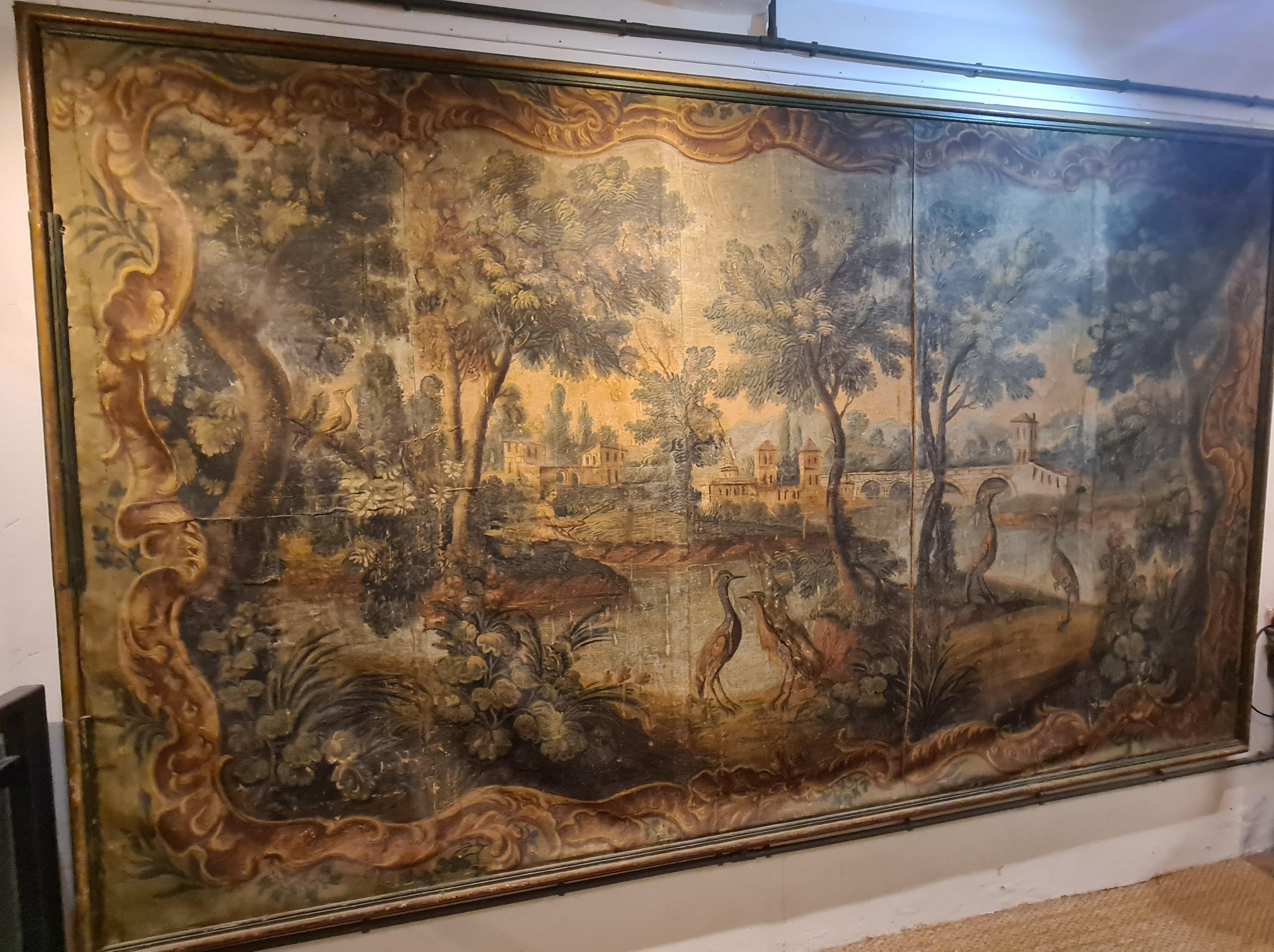 Large French 18th Century Oil on Canvas Pastoral Scene, 'Verdure' Aubusson Style - Painting de Royal Aubusson