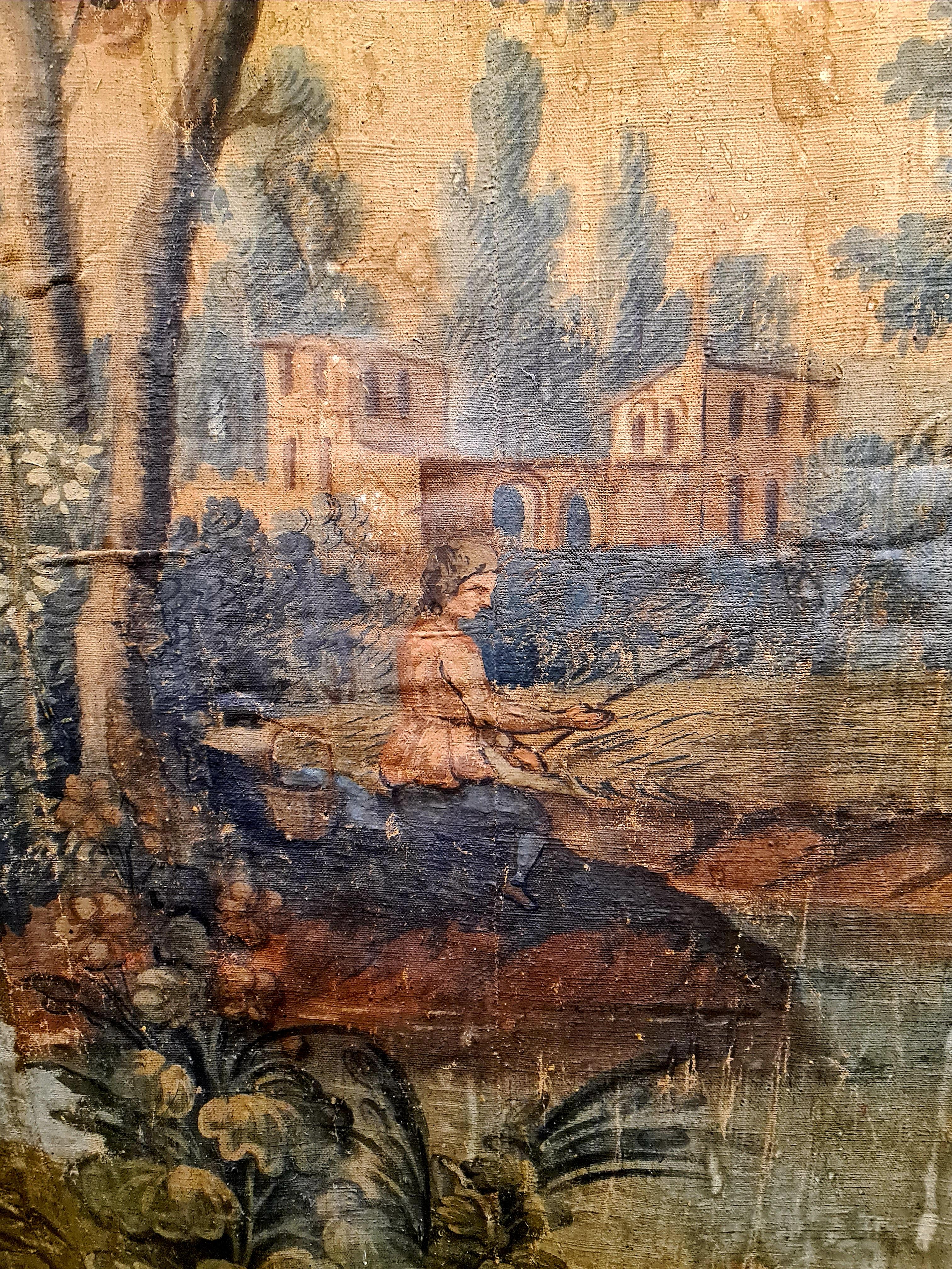Large French 18th Century Oil on Canvas Pastoral Scene, 'Verdure' Aubusson Style - Painting Rococó de Royal Aubusson