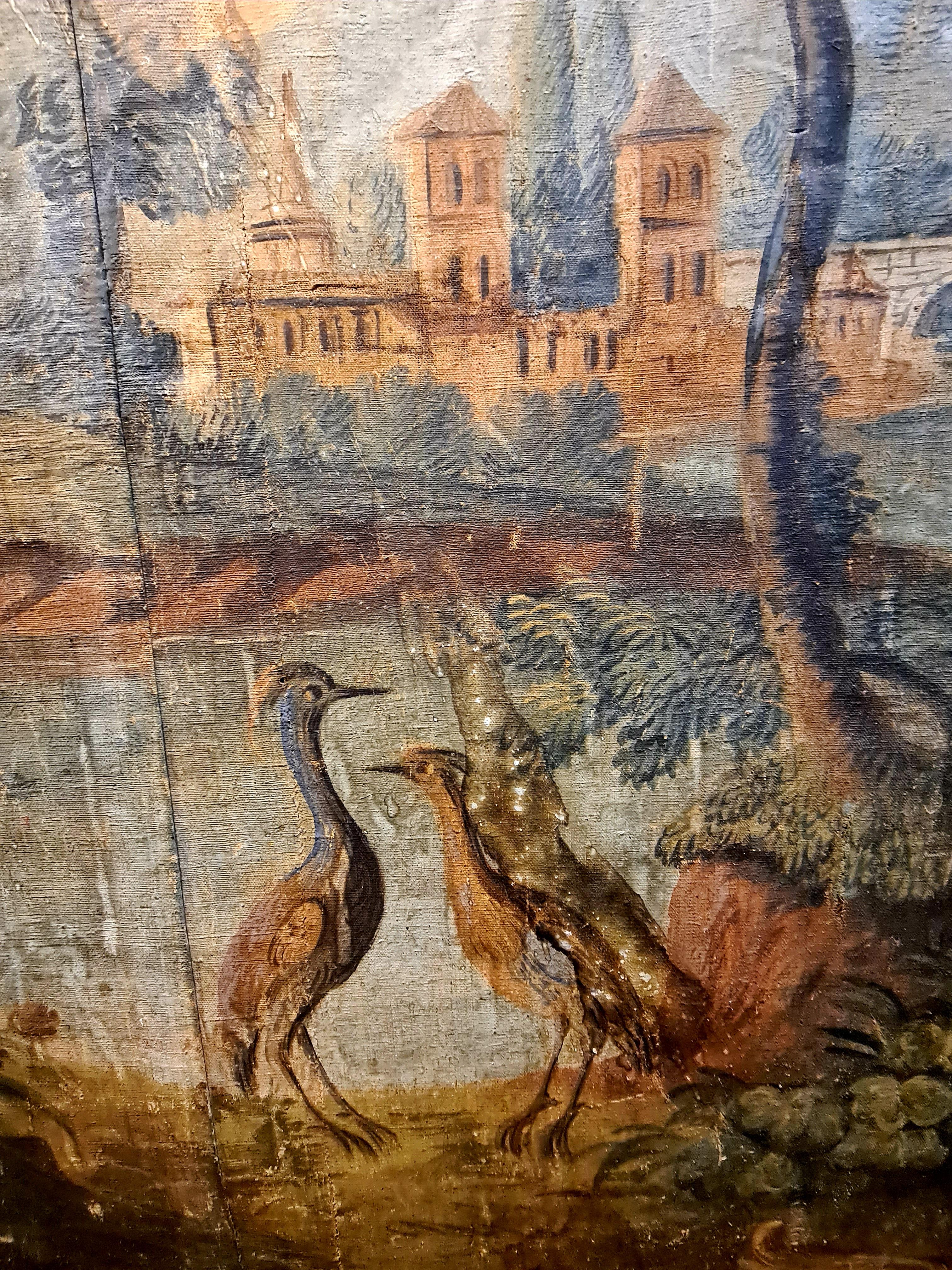 Large French 18th Century Oil on Canvas Pastoral Scene, 'Verdure' Aubusson Style - Animal Painting Marrón de Royal Aubusson