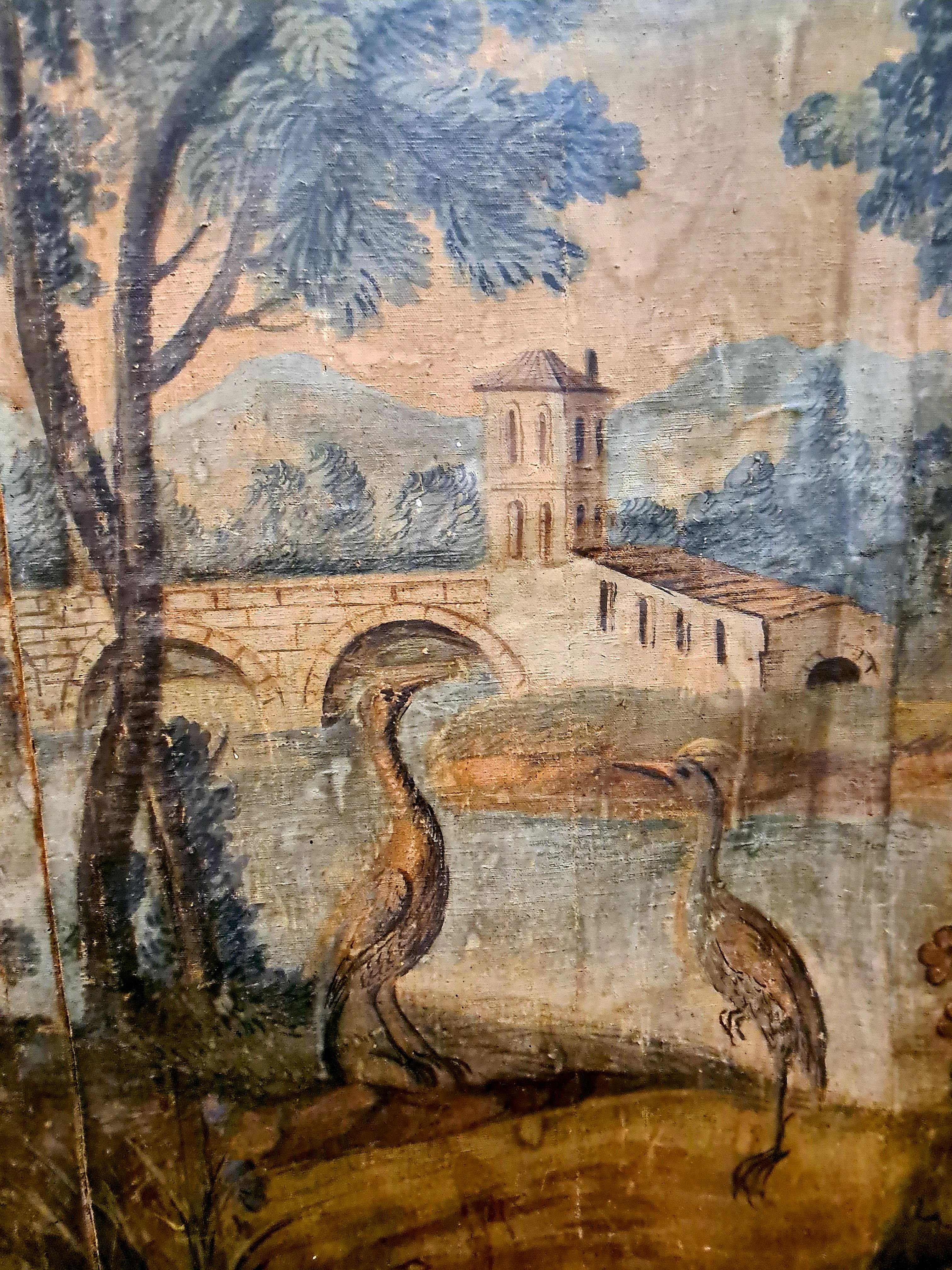 Monumental French 18th Century oil on canvas 'Verdure' pastoral scene in the manner of the tapestries of Royal Aubusson and the style of Isaac Moillon. 

Provenance: Southern French Chateau, part of a decorative scheme in a dining room since its