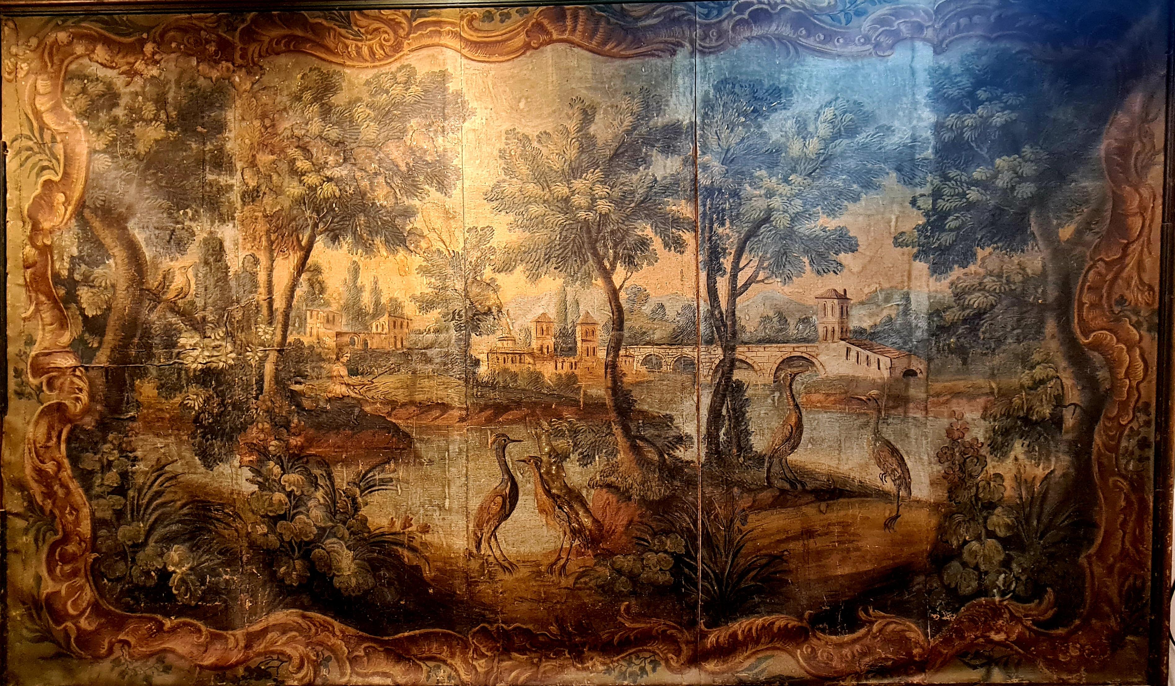 Animal Painting de Royal Aubusson - Large French 18th Century Oil on Canvas Pastoral Scene, 'Verdure' Aubusson Style
