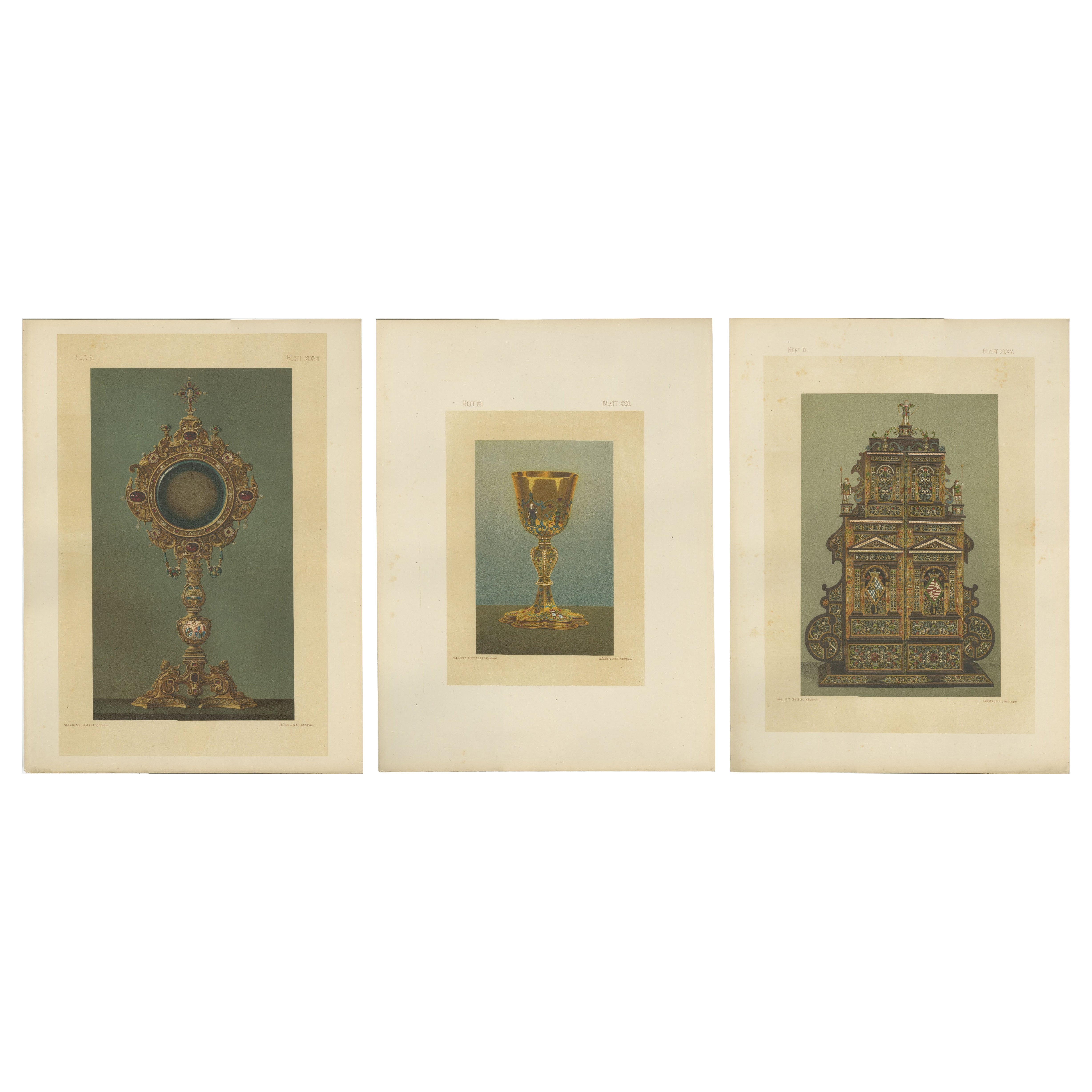 Vases liturgiques royaux bavarois - 3 grandes chromolithographies, Munich 1874