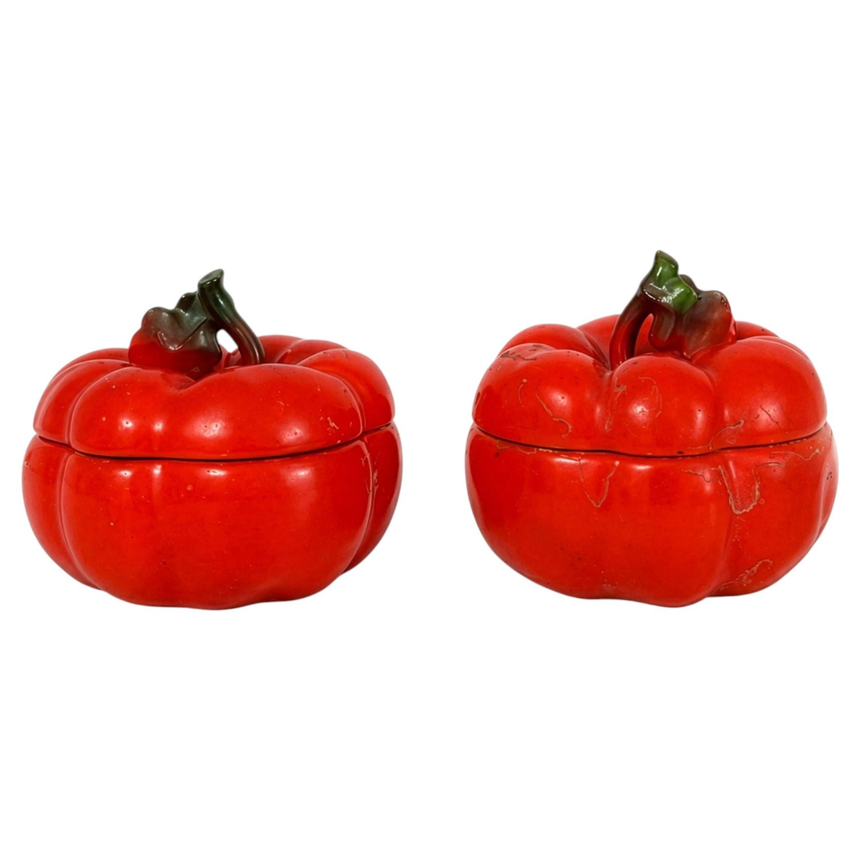 Royal Bayreuth Tomato Form Porcelain Salt Cellars, Bavaria, Circa 1900