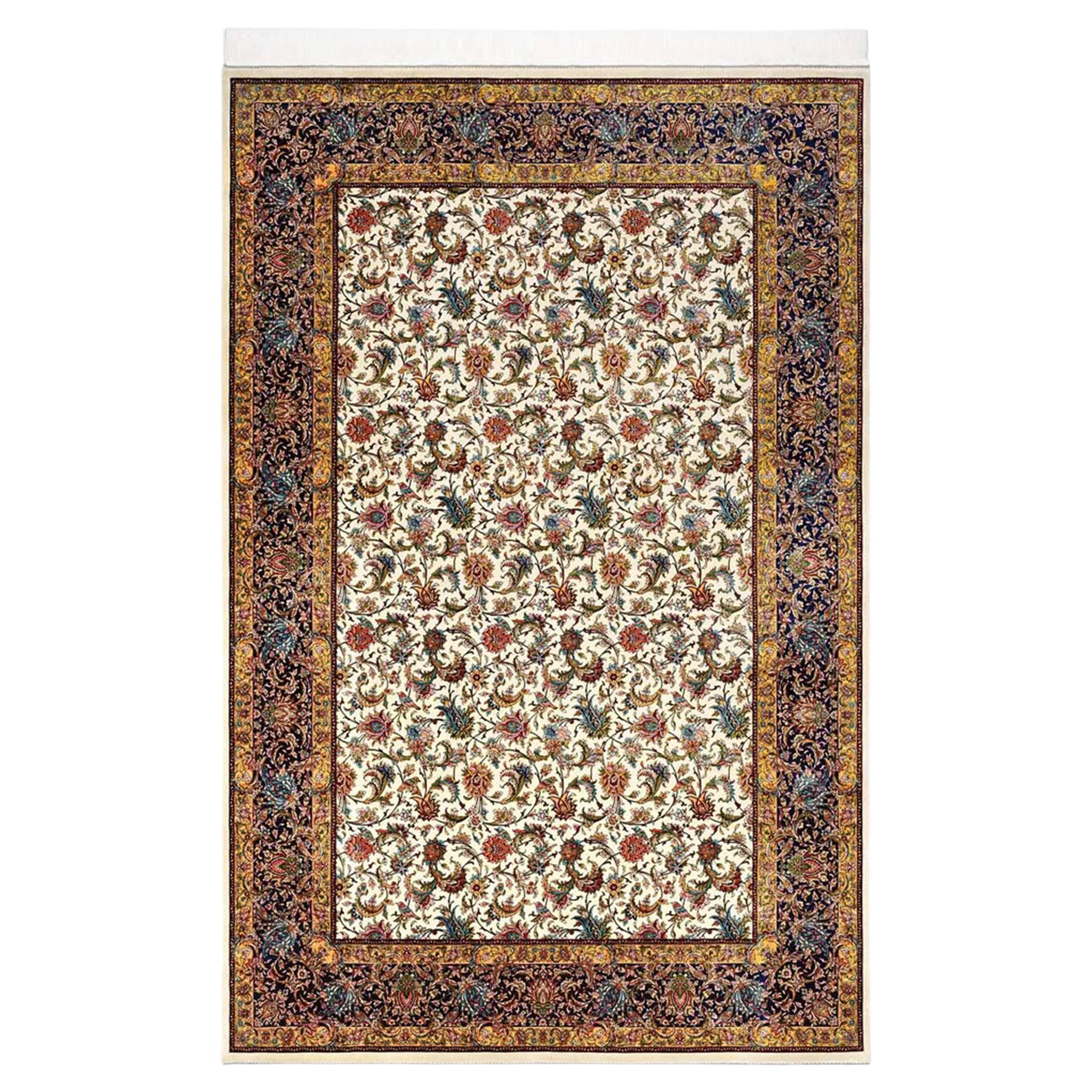 Royal Blossom Field Persian Pure Silk Carpet, Iranian Craftsmanship, 0053 For Sale