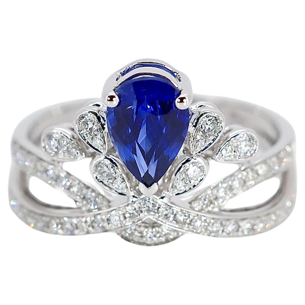 Royal Blue 1.09ct Sapphire (Heated, Sri Lanka) Tiara Diamond Ring, US 5, 18K For Sale