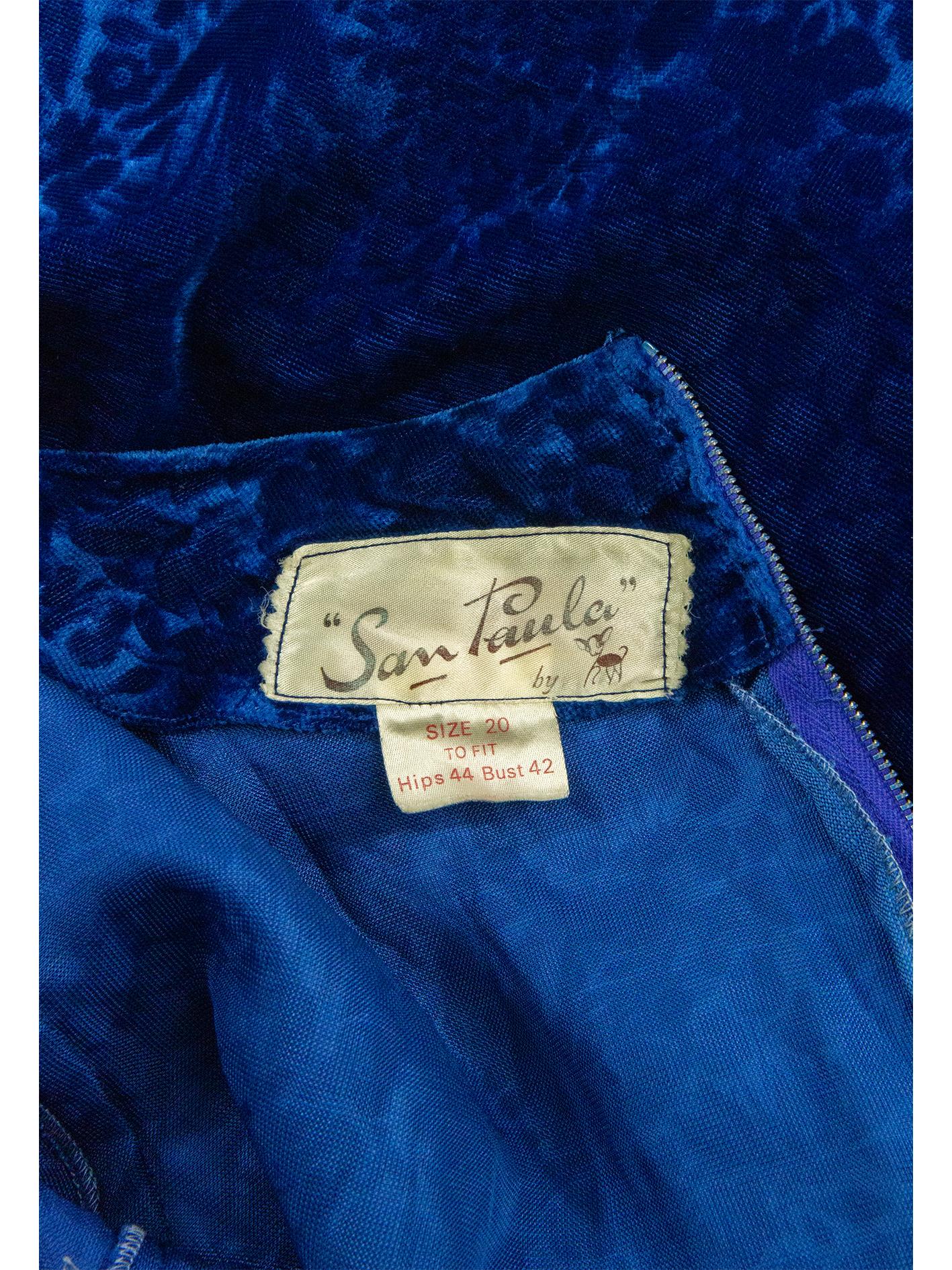 Royal Blue 1960s Sam Paula Velvet Dress For Sale 3