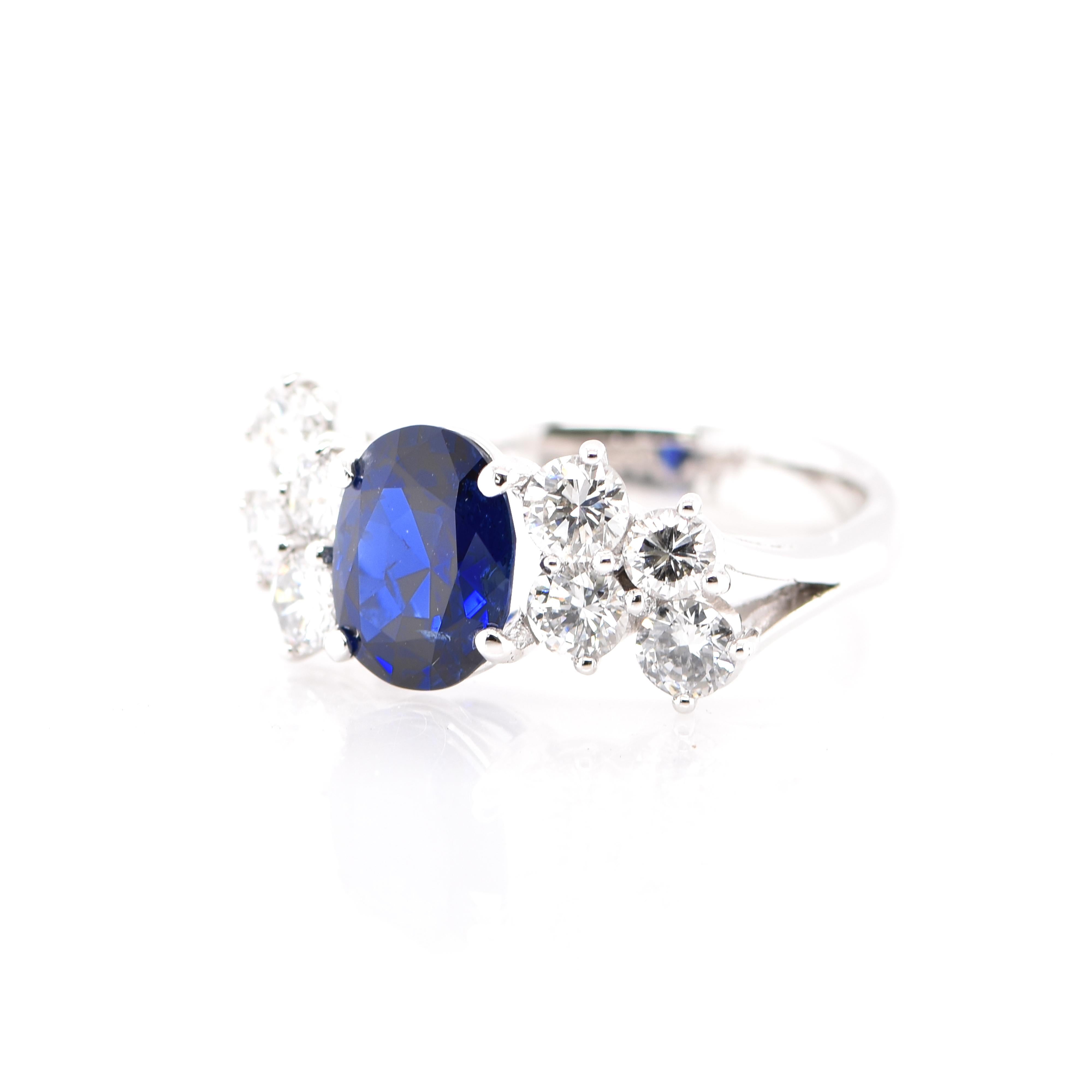 Modern Royal Blue 2.36 Carat Untreated Burmese Sapphire & Diamond Ring Set in Platinum