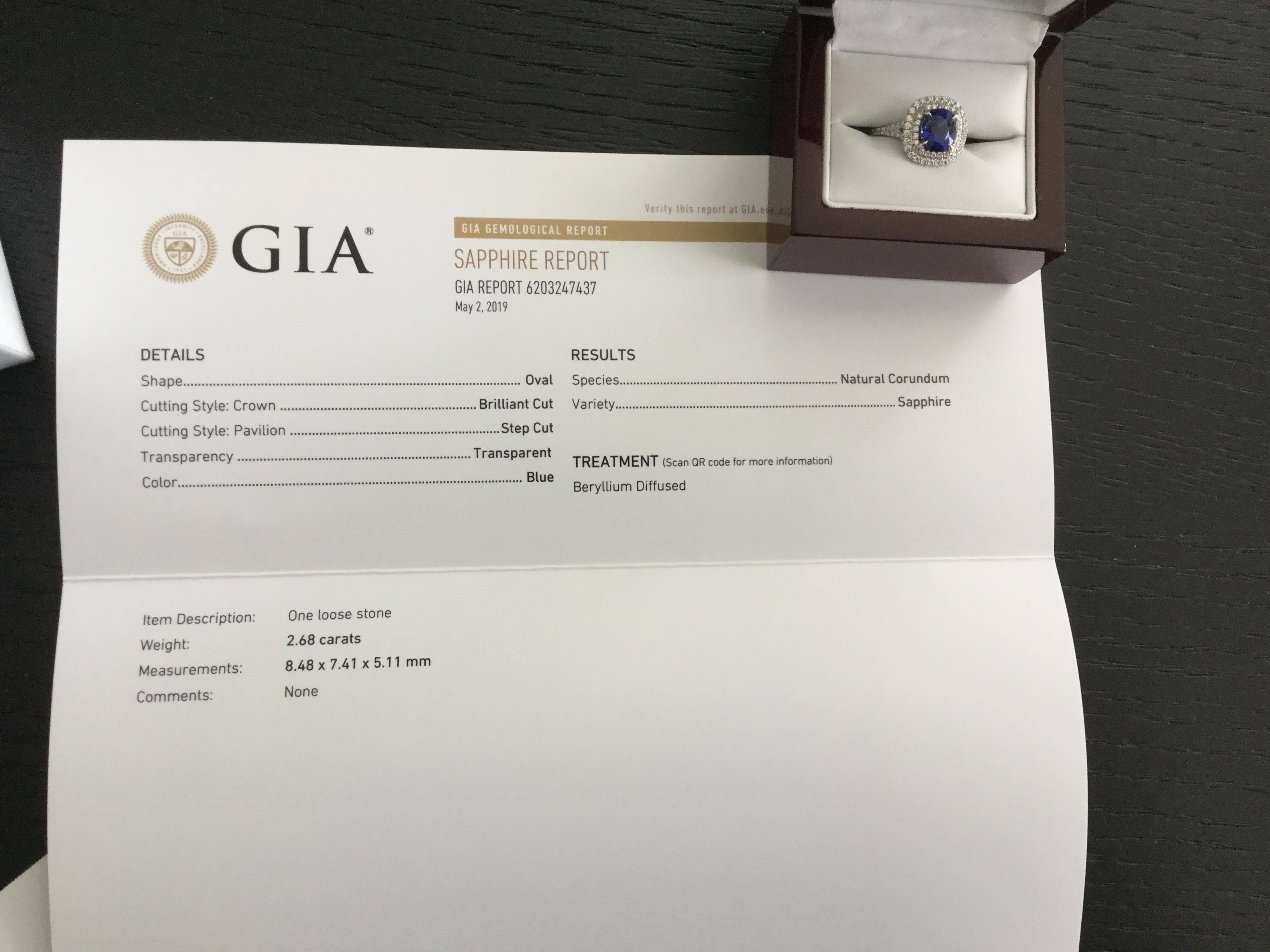 Royal Blue 2.68 Carat Natural Sapphire and Diamond Ring GIA Certified 7