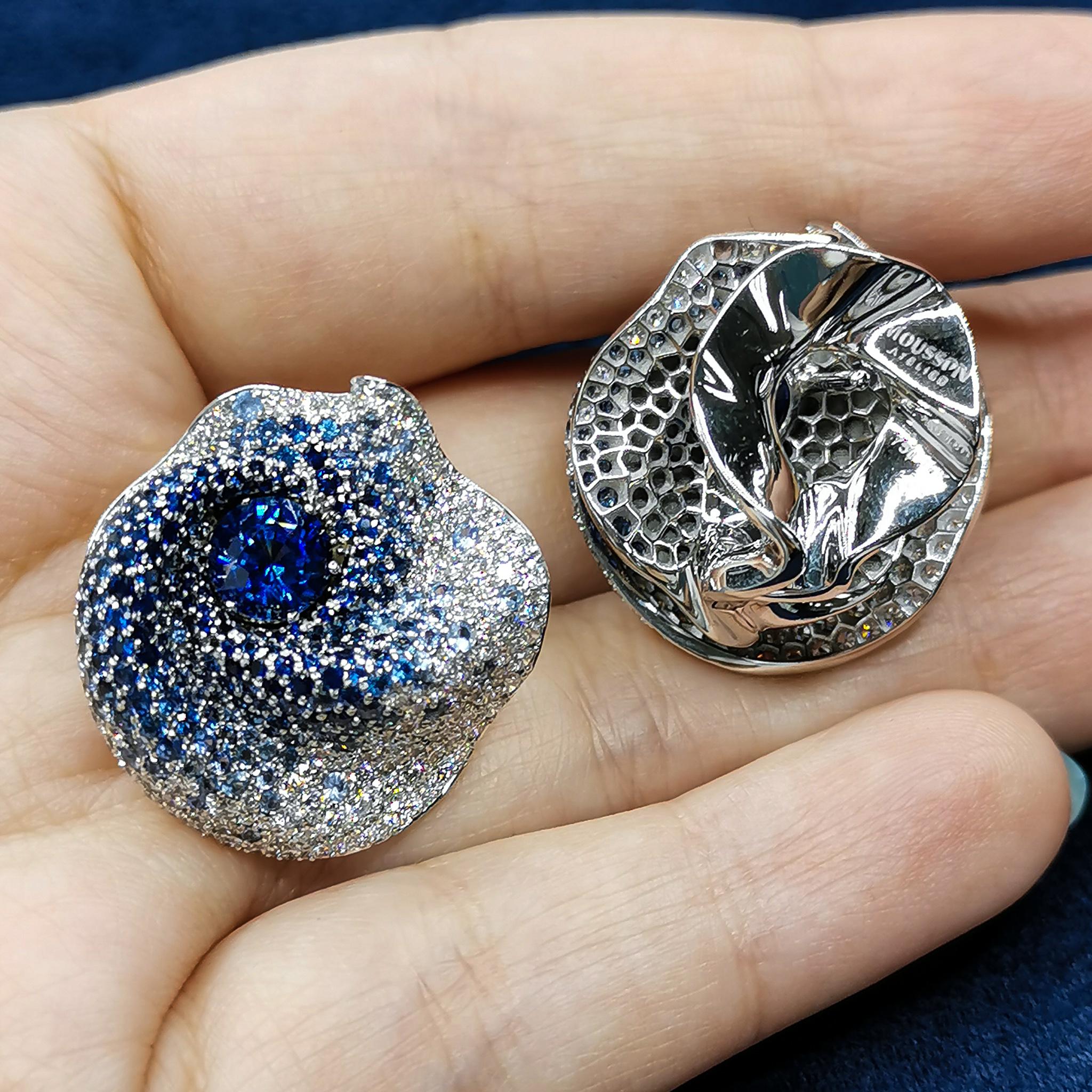 Round Cut Royal Blue 2.70 Carat Sapphires Diamonds 18 Karat White Gold Earrings