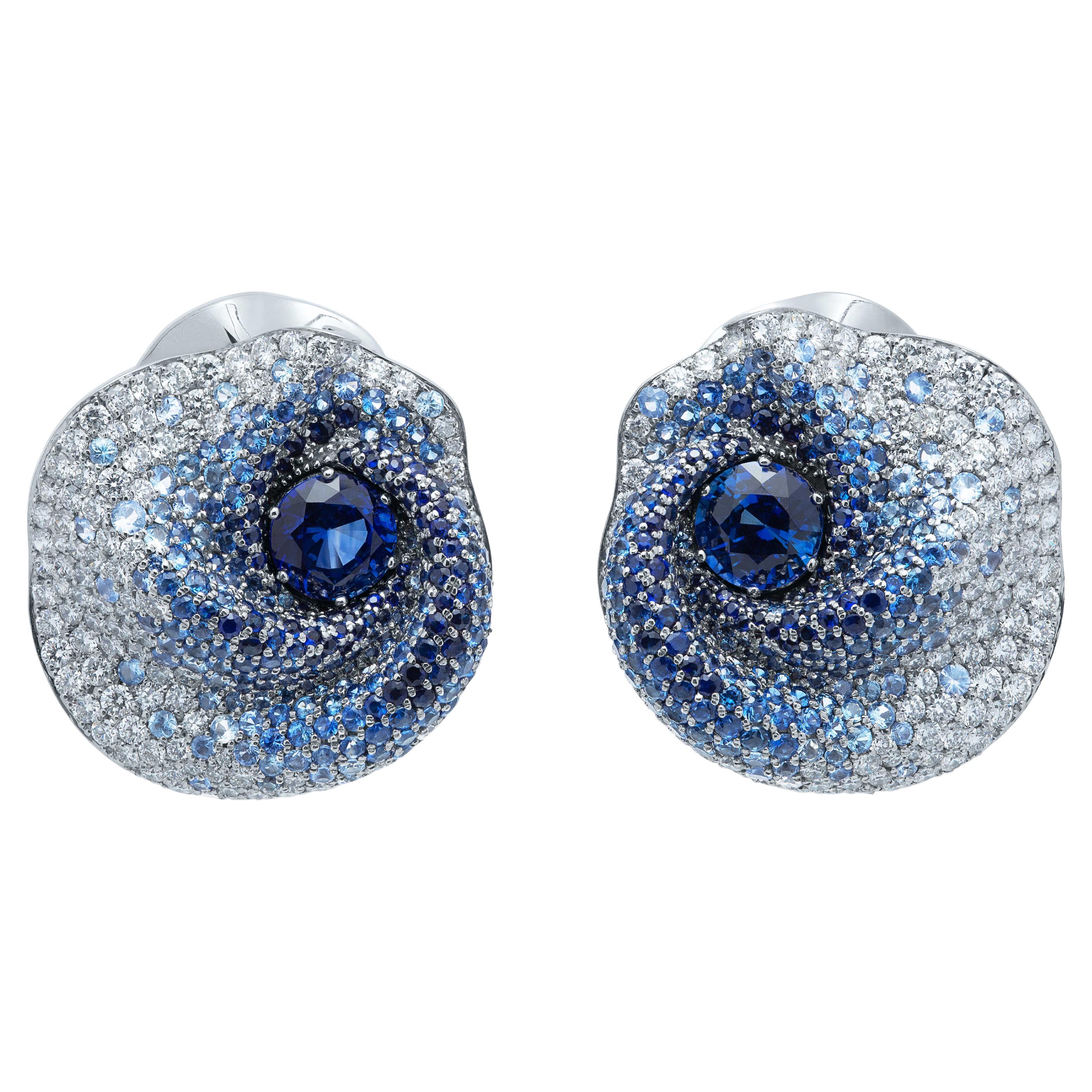 Royal Blue 2.70 Carat Sapphires Diamonds 18 Karat White Gold Earrings
