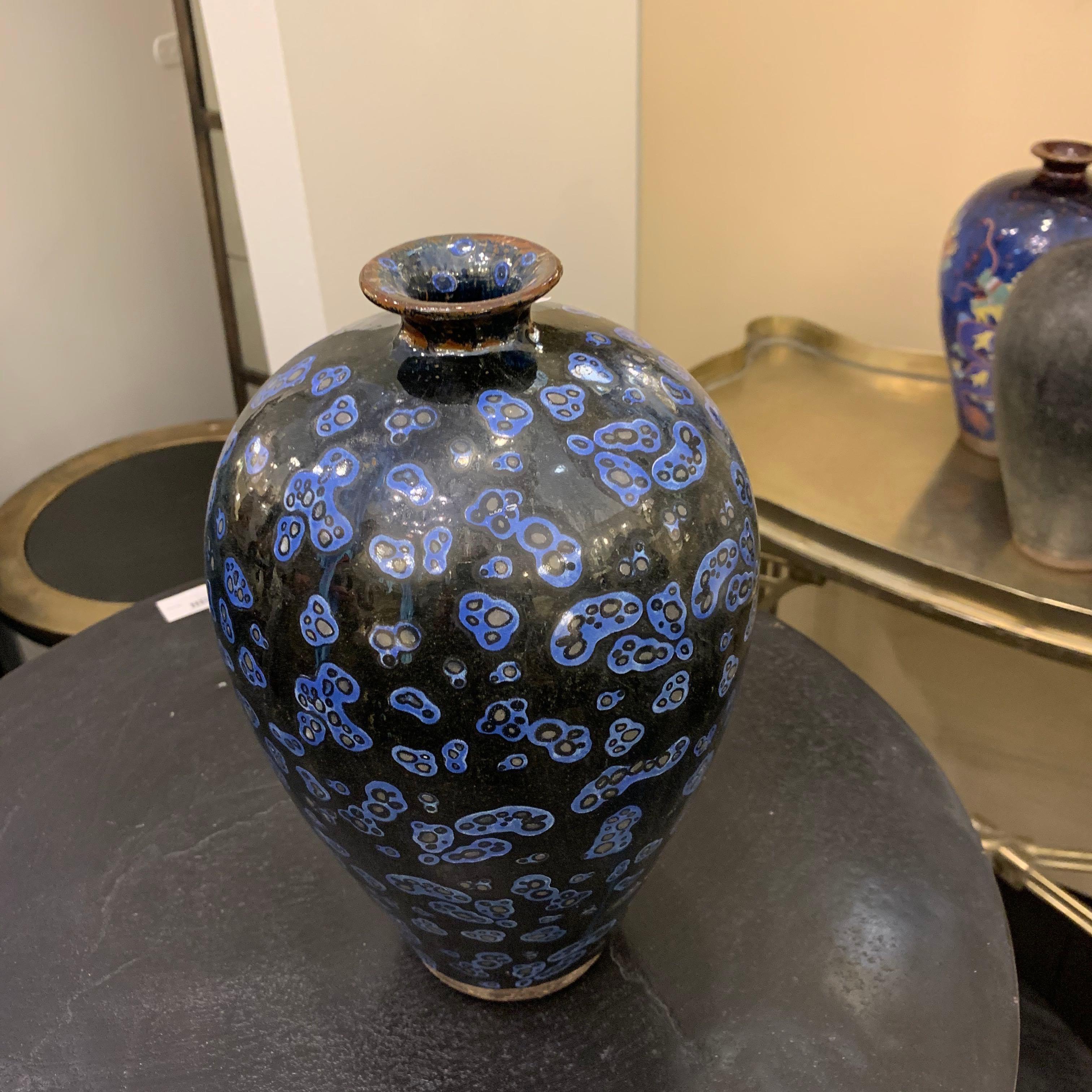 Royal Blue and Black Patterned Ceramic Vase, China, Contemporary In New Condition In New York, NY