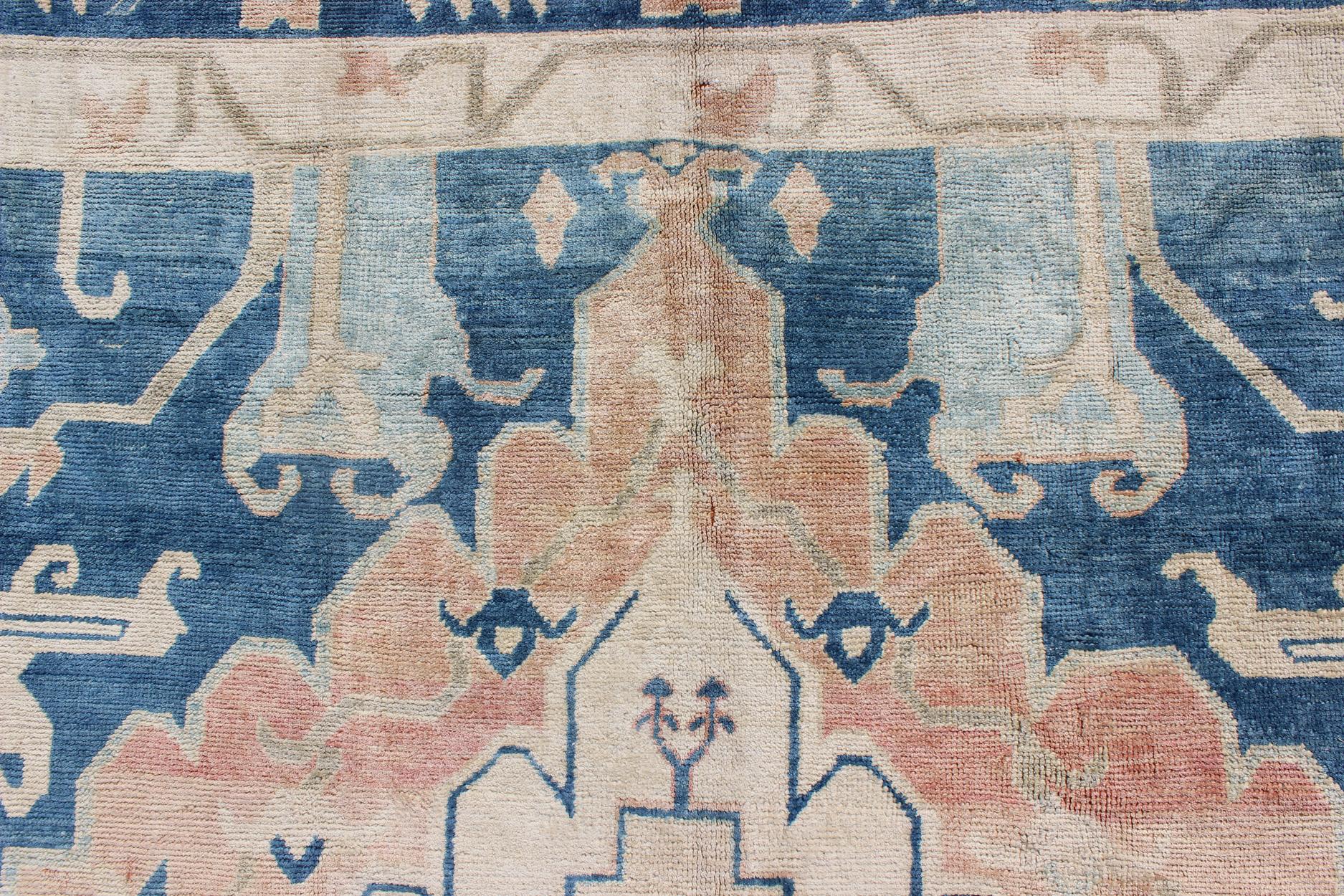 Blue and Salmon Vintage Turkish Oushak Rug with Layered Medallion and Motifs  For Sale 1