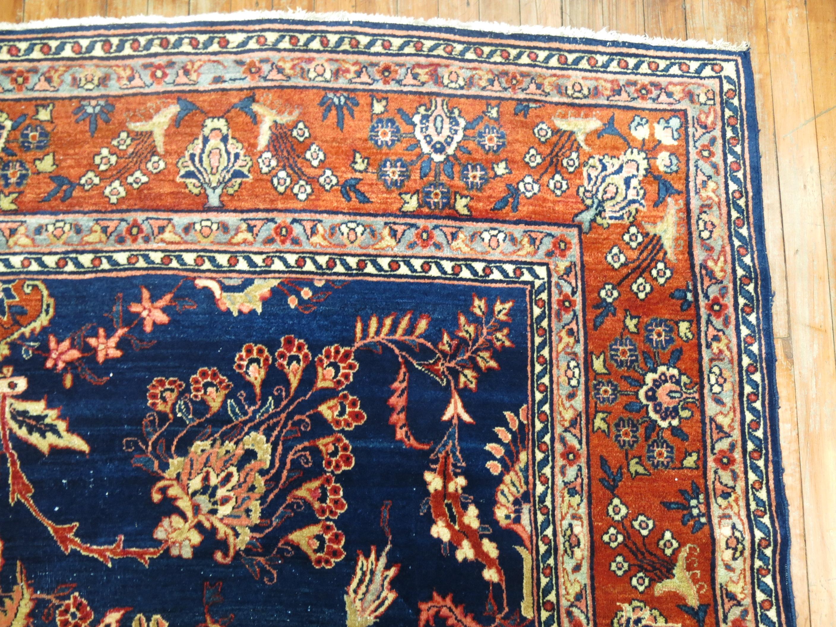 British Colonial Royal Blue Antique Mohajeran Persian Sarouk Rug For Sale