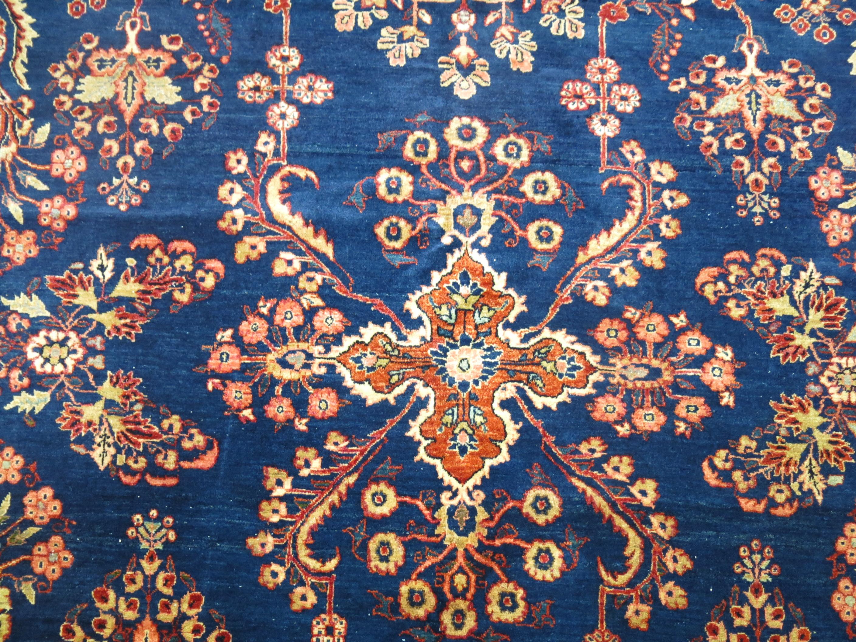 Hand-Woven Royal Blue Antique Mohajeran Persian Sarouk Rug For Sale