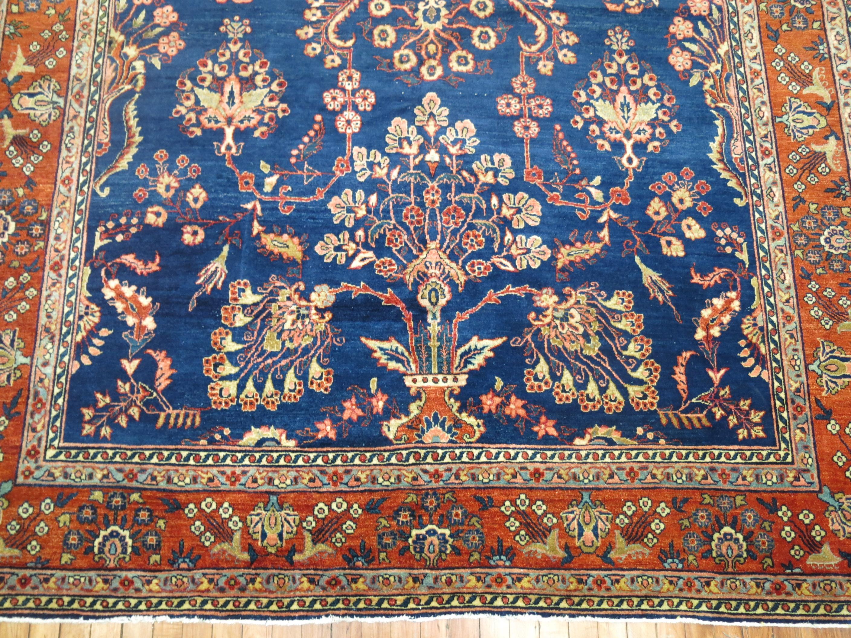 Royal Blue Antique Mohajeran Persian Sarouk Rug In Excellent Condition For Sale In New York, NY