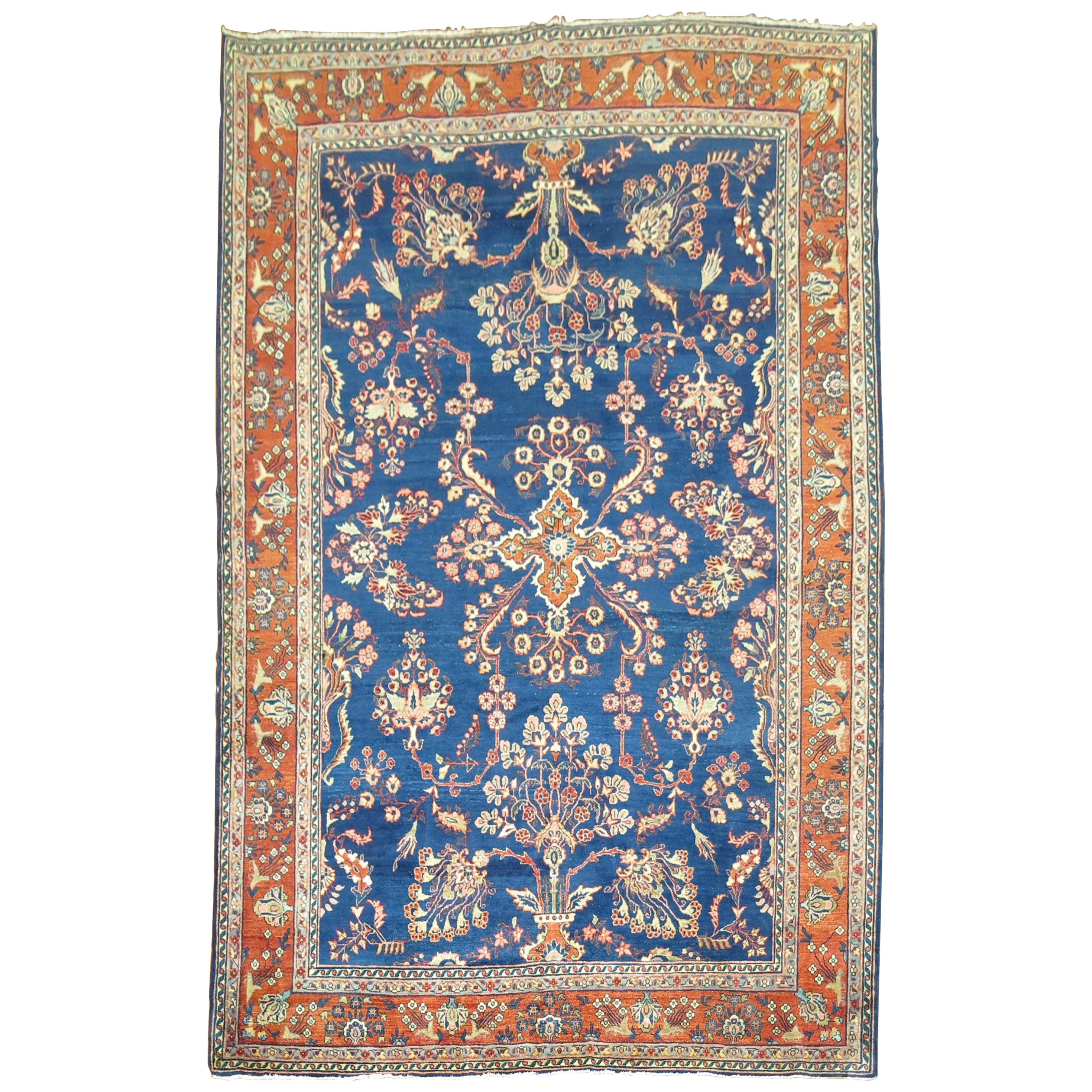 Royal Blue Antique Mohajeran Persian Sarouk Rug For Sale