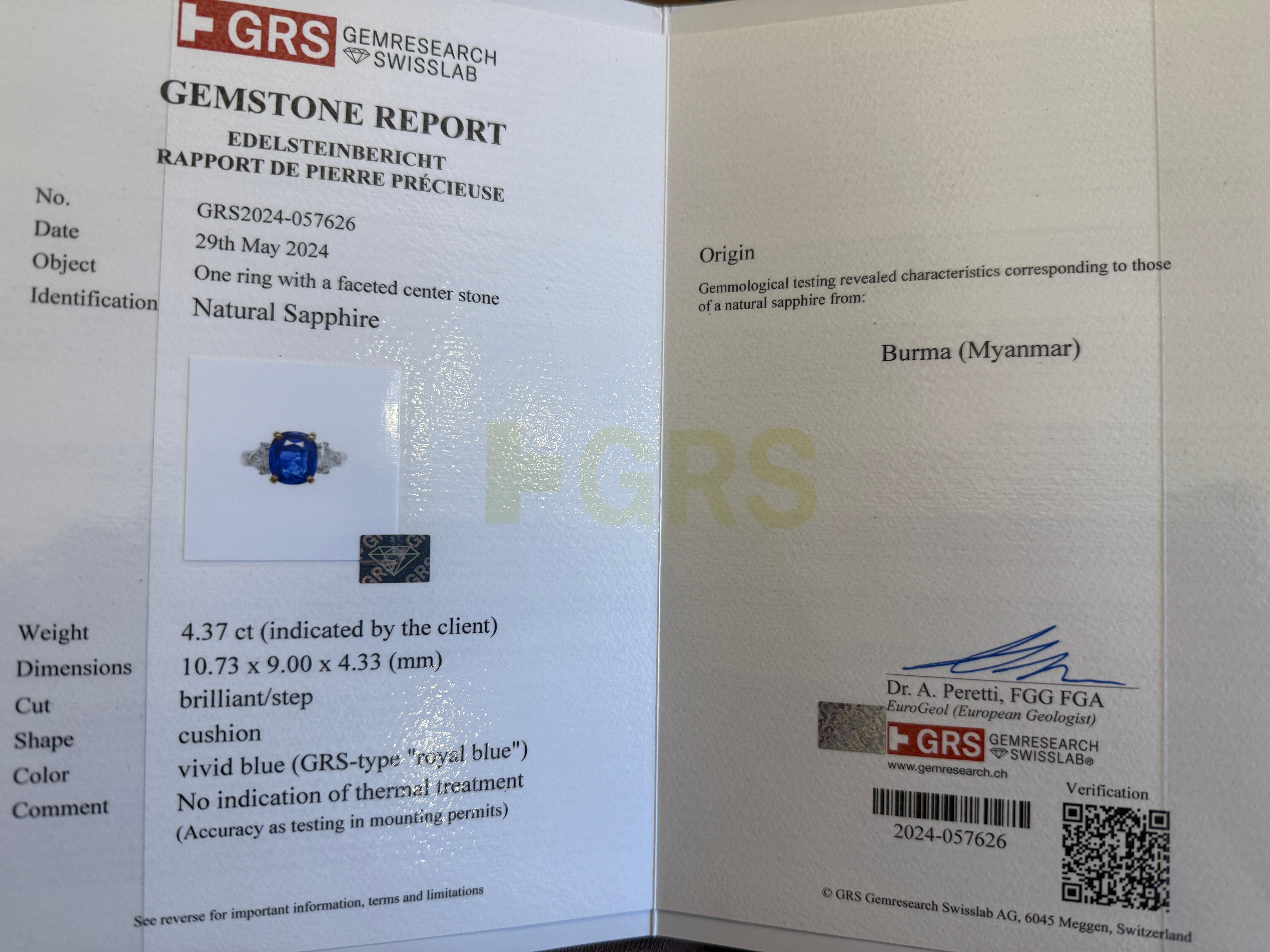 Bague saphir de Ceylan bleu royal de 4,37 carats, certifiée GRS, sans chaleur en vente 2