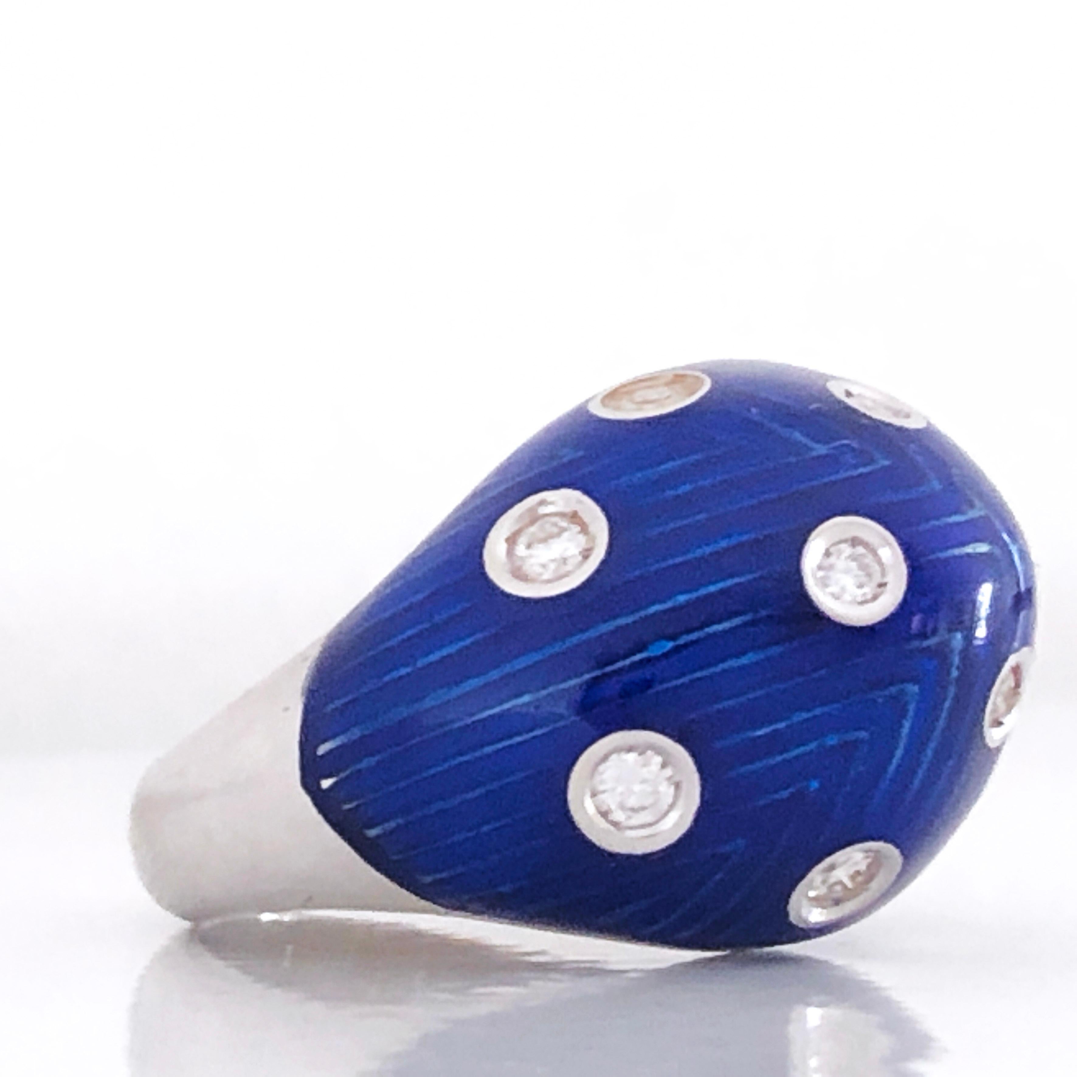 Berca 1950 Royal Blue Hand Enameled Egg Shaped White Diamond Cocktail Dome Ring For Sale 9