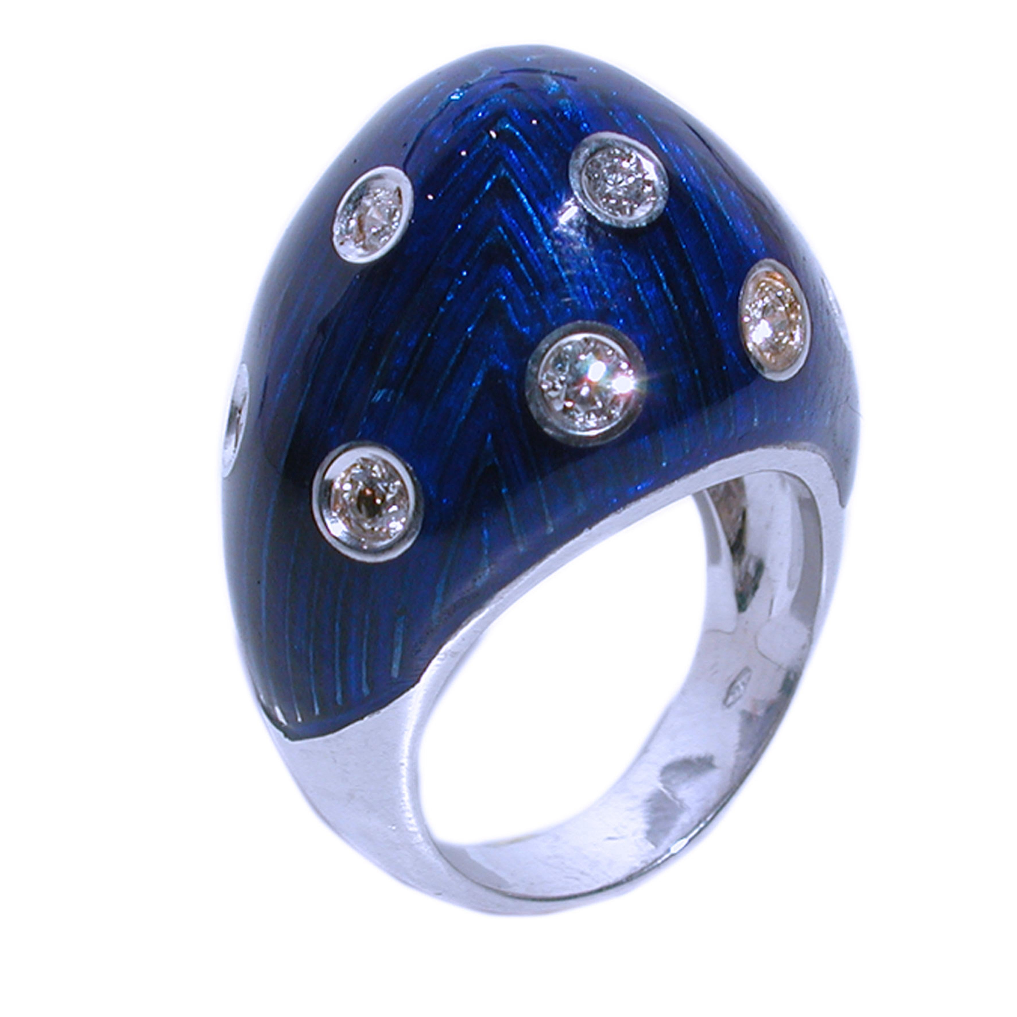 Modern Berca 1950 Royal Blue Hand Enameled Egg Shaped White Diamond Cocktail Dome Ring For Sale