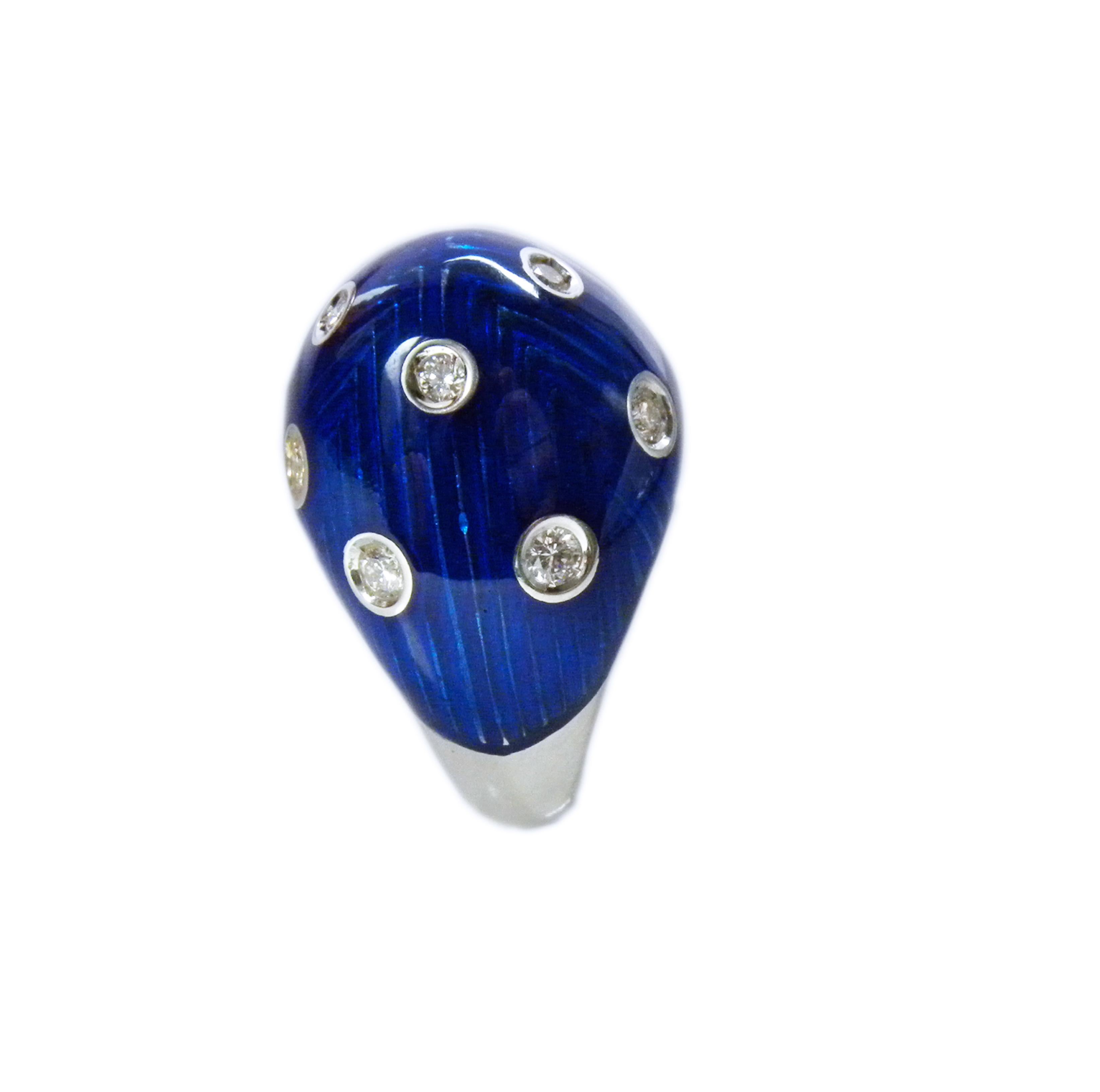 Brilliant Cut Berca 1950 Royal Blue Hand Enameled Egg Shaped White Diamond Cocktail Dome Ring For Sale