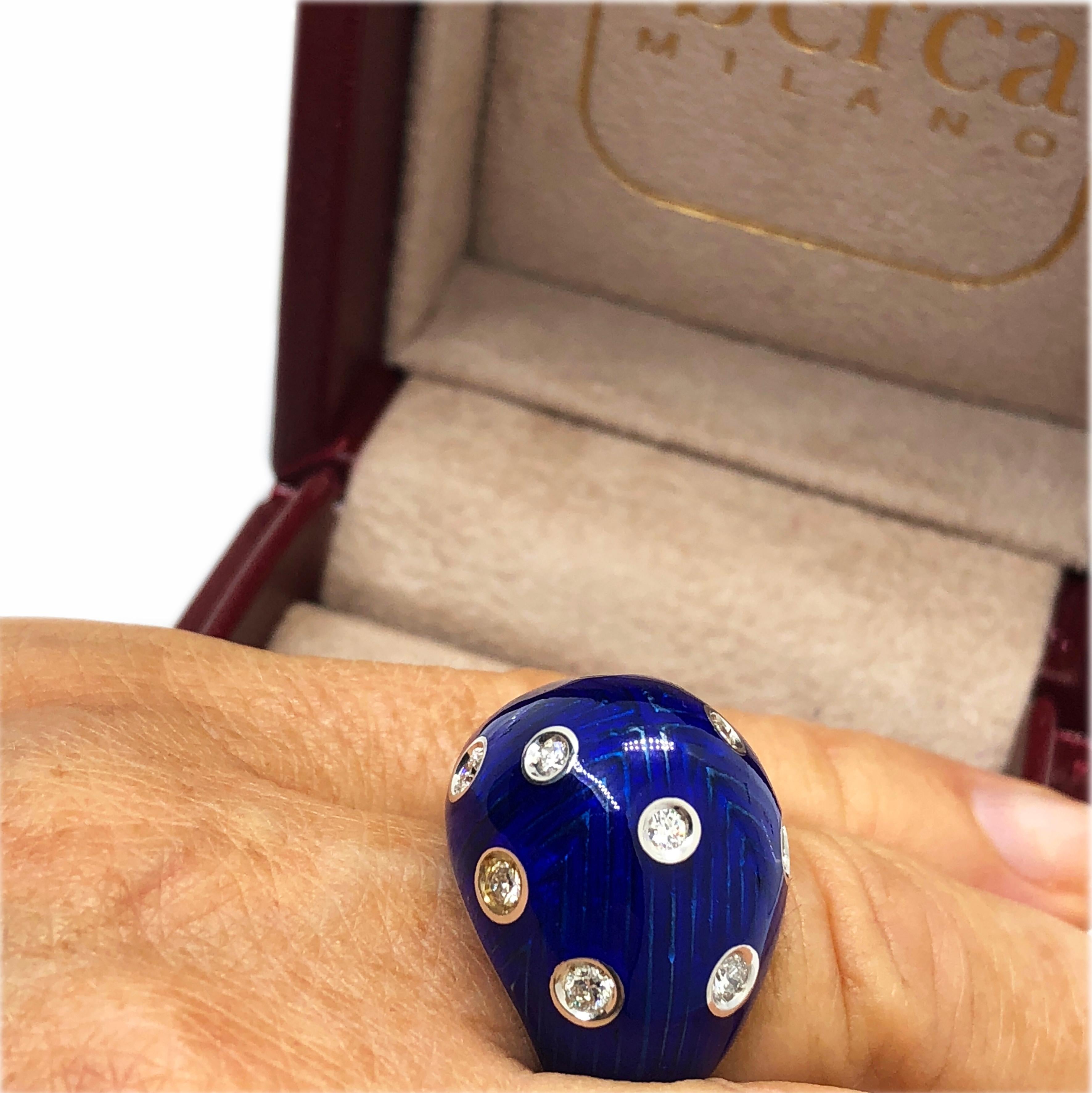 Berca 1950 Royal Blue Hand Enameled Egg Shaped White Diamond Cocktail Dome Ring For Sale 1