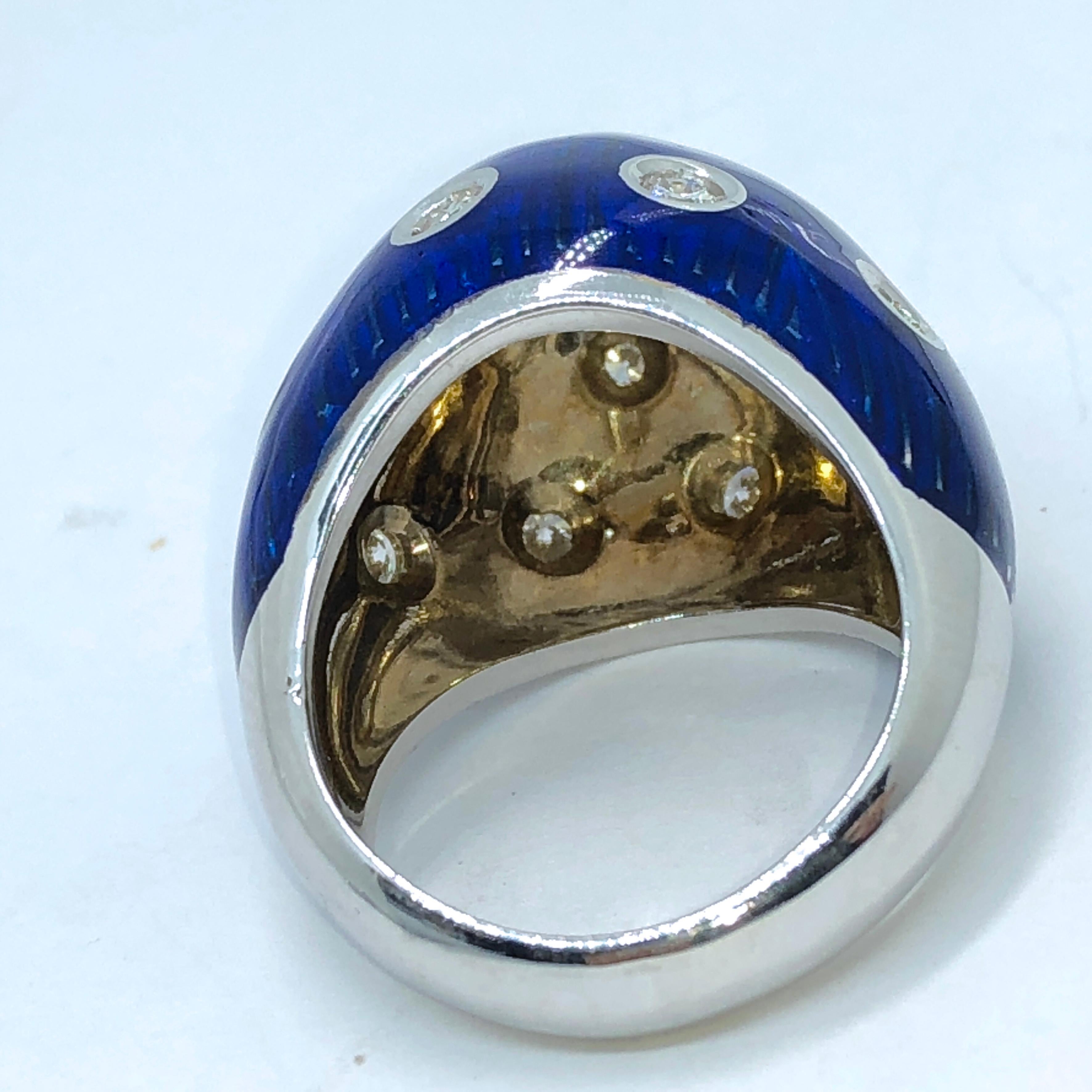 Berca 1950 Royal Blue Hand Enameled Egg Shaped White Diamond Cocktail Dome Ring In New Condition For Sale In Valenza, IT
