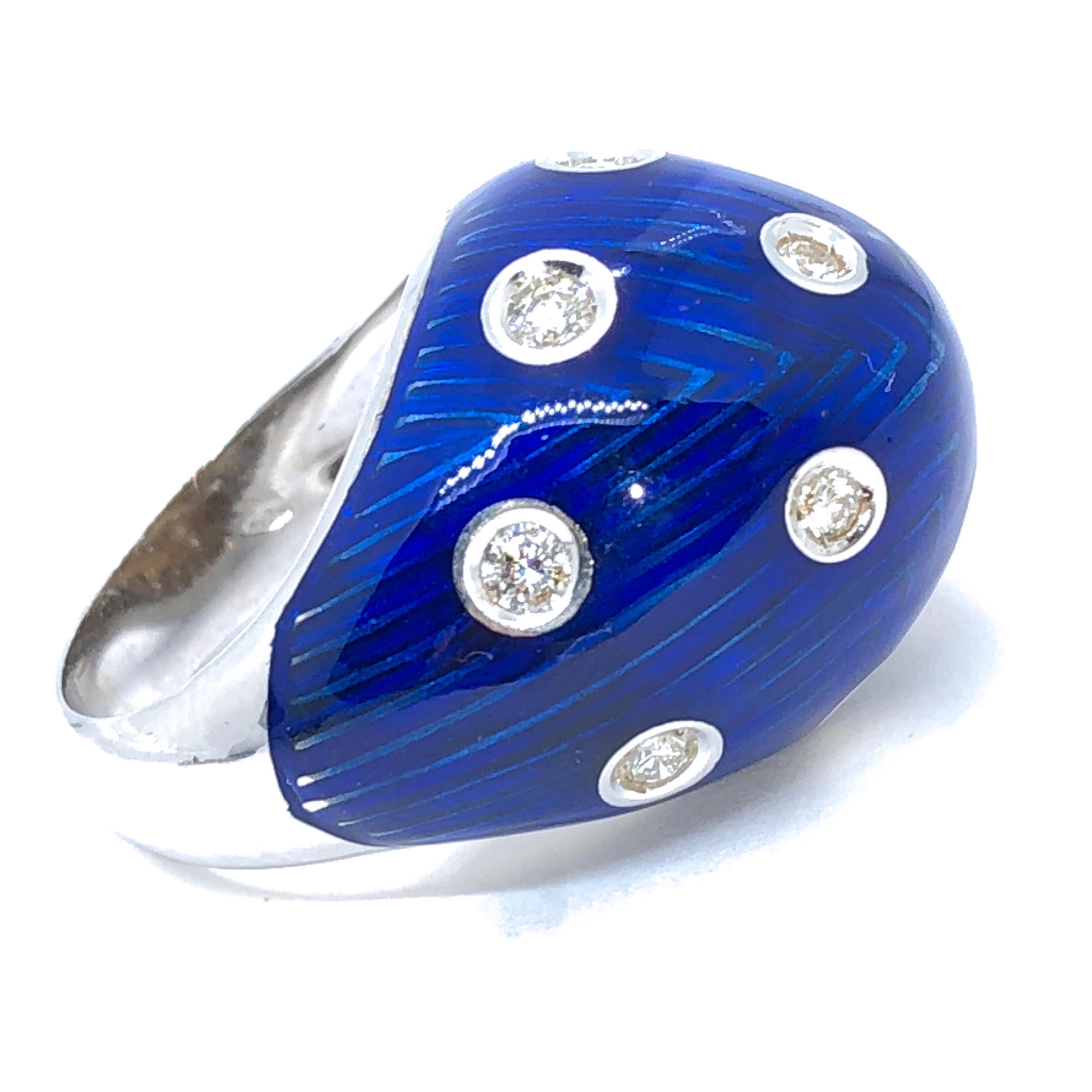Women's Berca 1950 Royal Blue Hand Enameled Egg Shaped White Diamond Cocktail Dome Ring For Sale