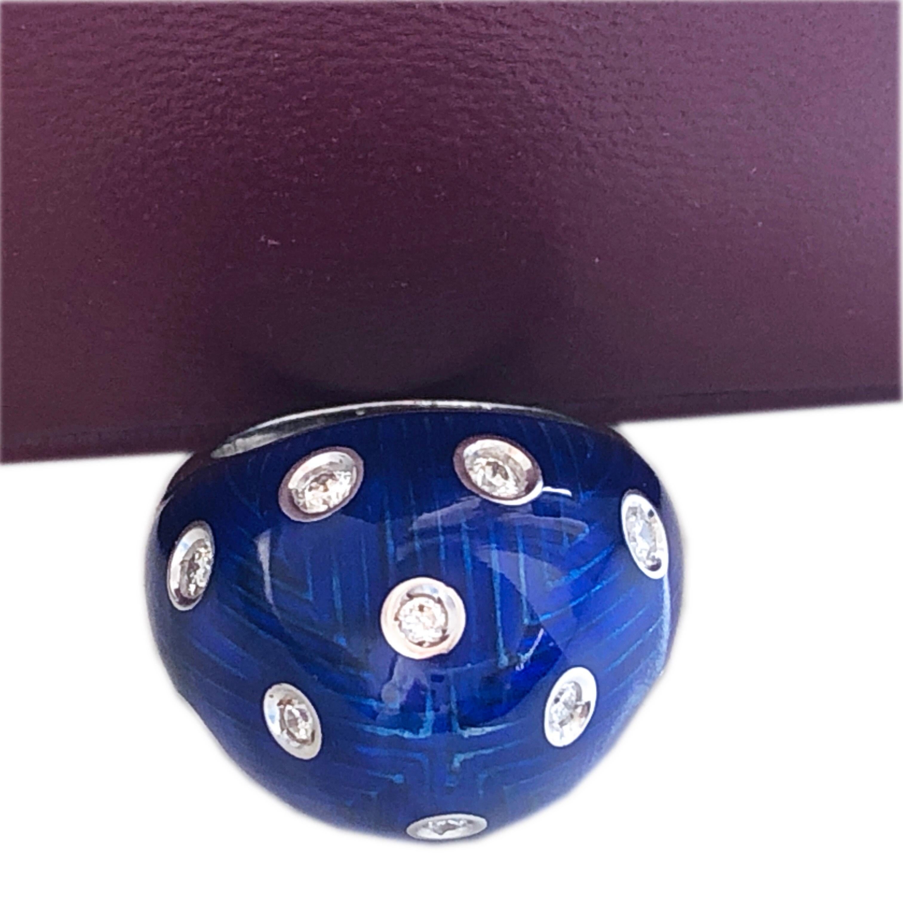 Berca 1950 Royal Blue Hand Enameled Egg Shaped White Diamond Cocktail Dome Ring For Sale 2