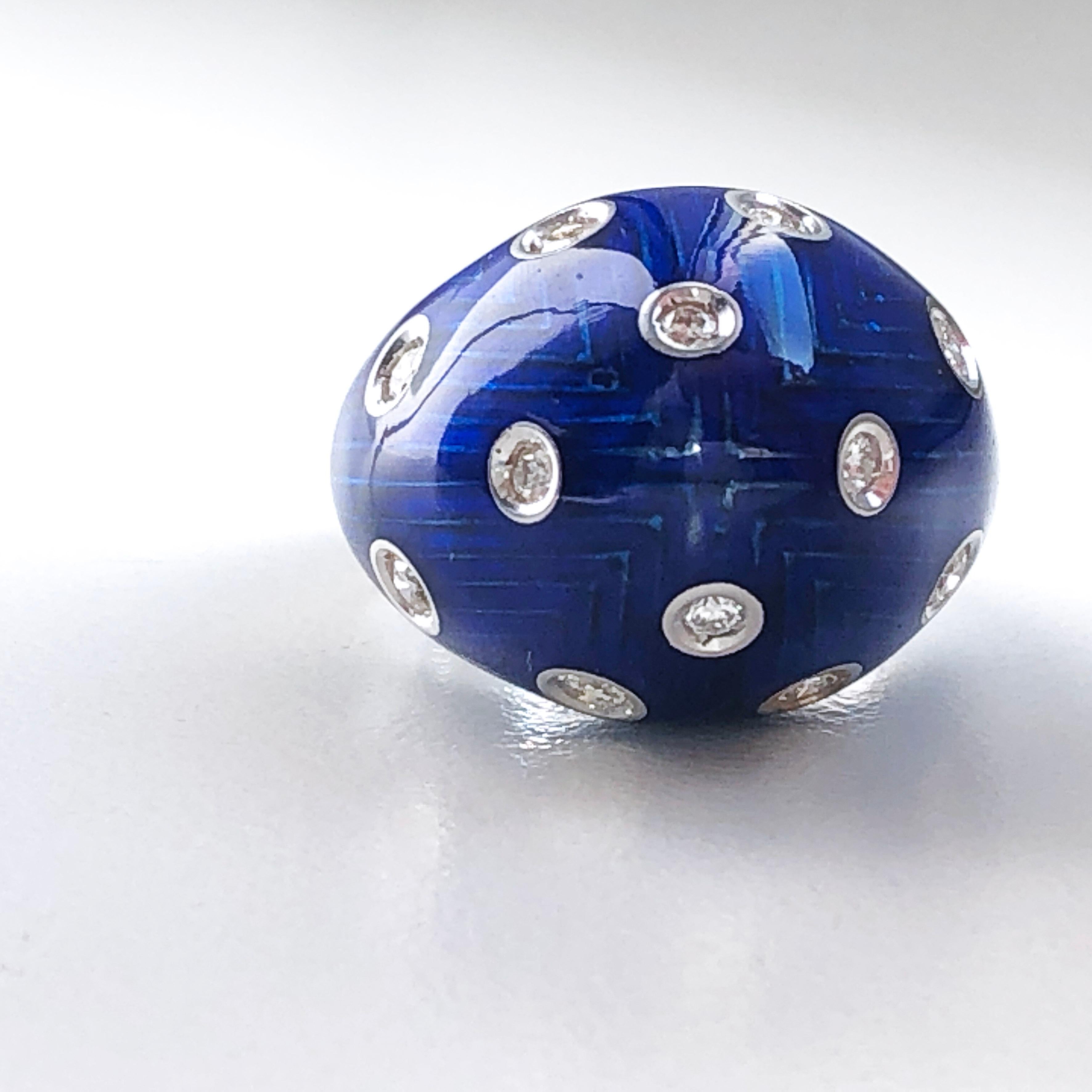 Berca 1950 Royal Blue Hand Enameled Egg Shaped White Diamond Cocktail Dome Ring For Sale 5