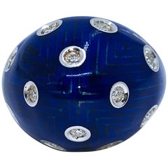 Berca 1950 Royal Blue Champslevé Hand Enameled White Diamond Cocktail Dome Ring