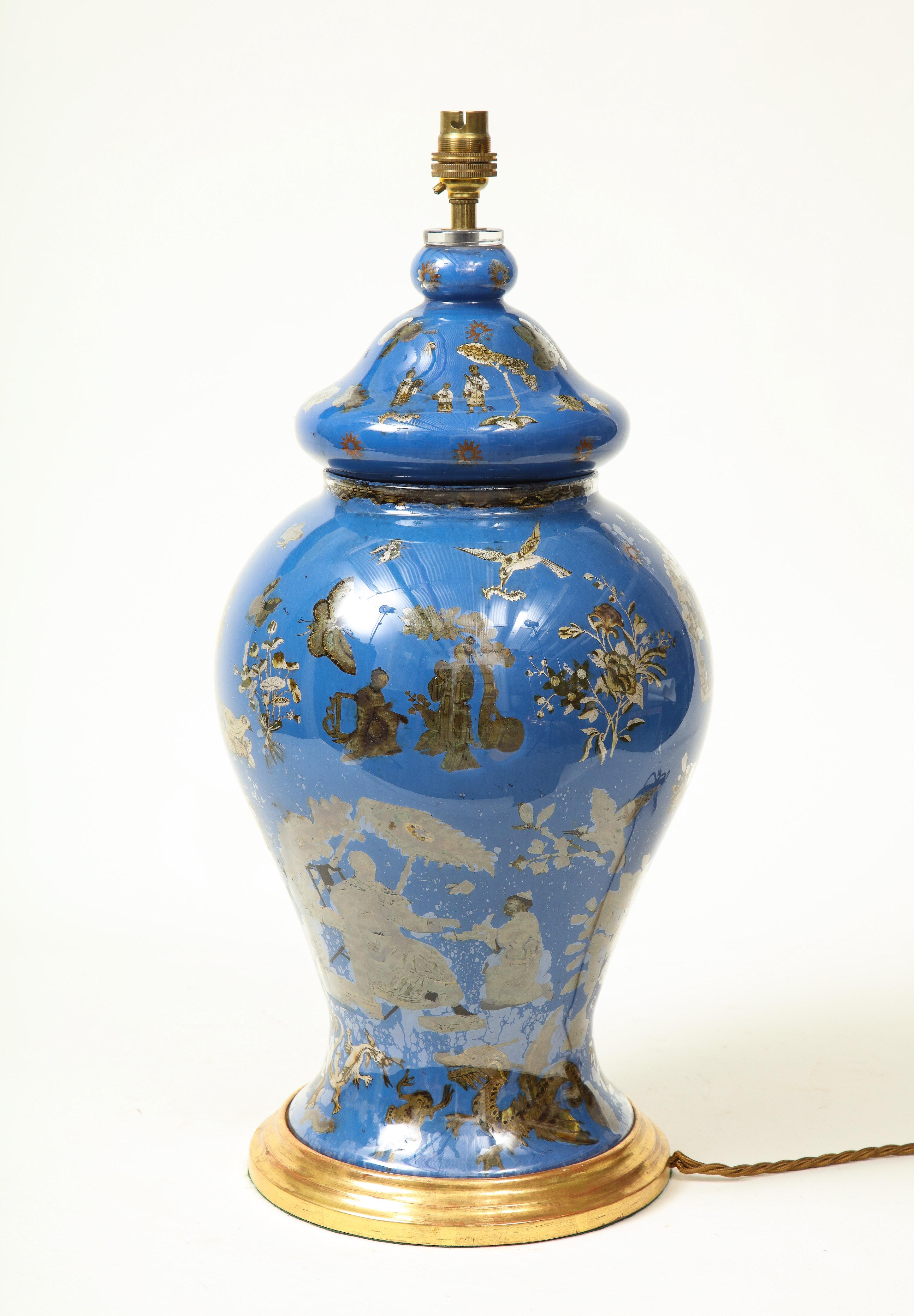 Royal Blue Chinoiserie Decalcomania Lamp For Sale 4