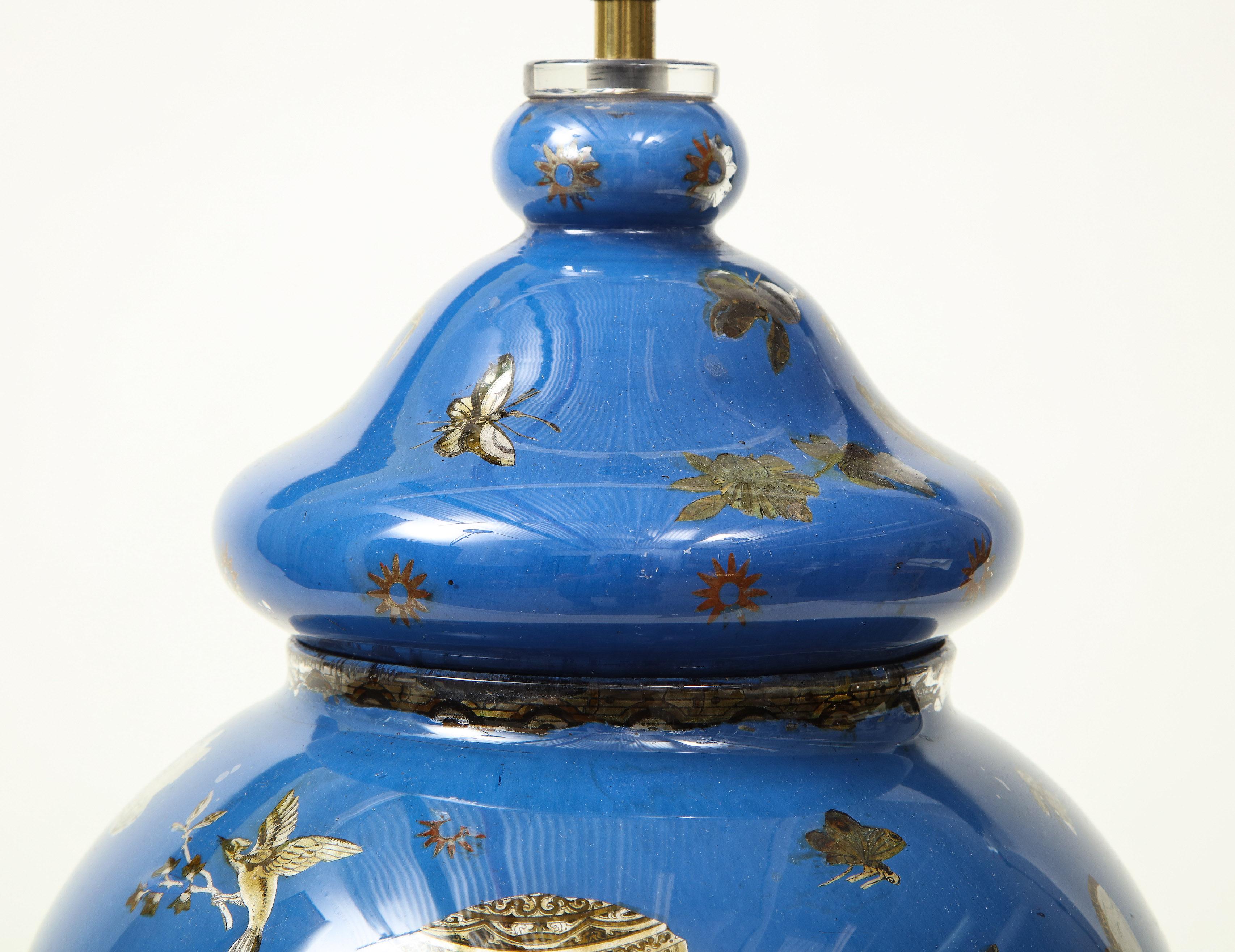 Chinese Royal Blue Chinoiserie Decalcomania Lamp For Sale