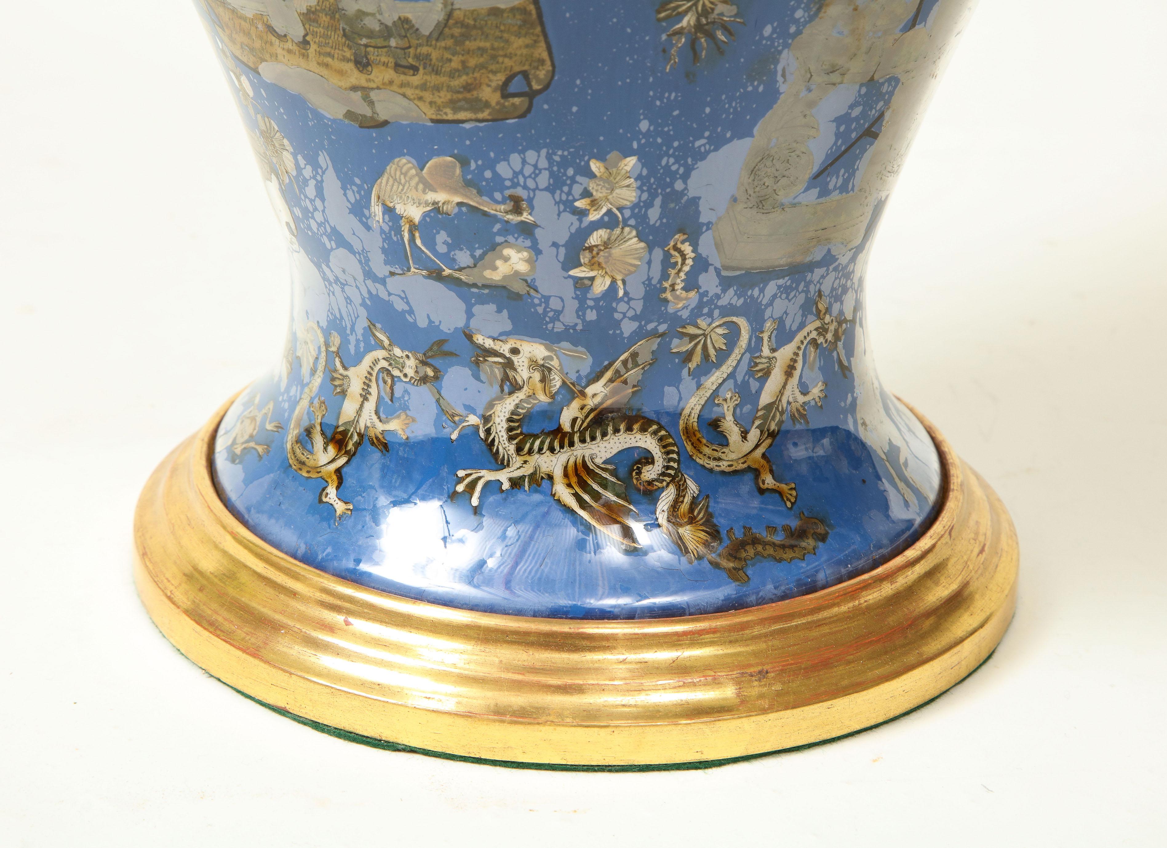 19th Century Royal Blue Chinoiserie Decalcomania Lamp For Sale