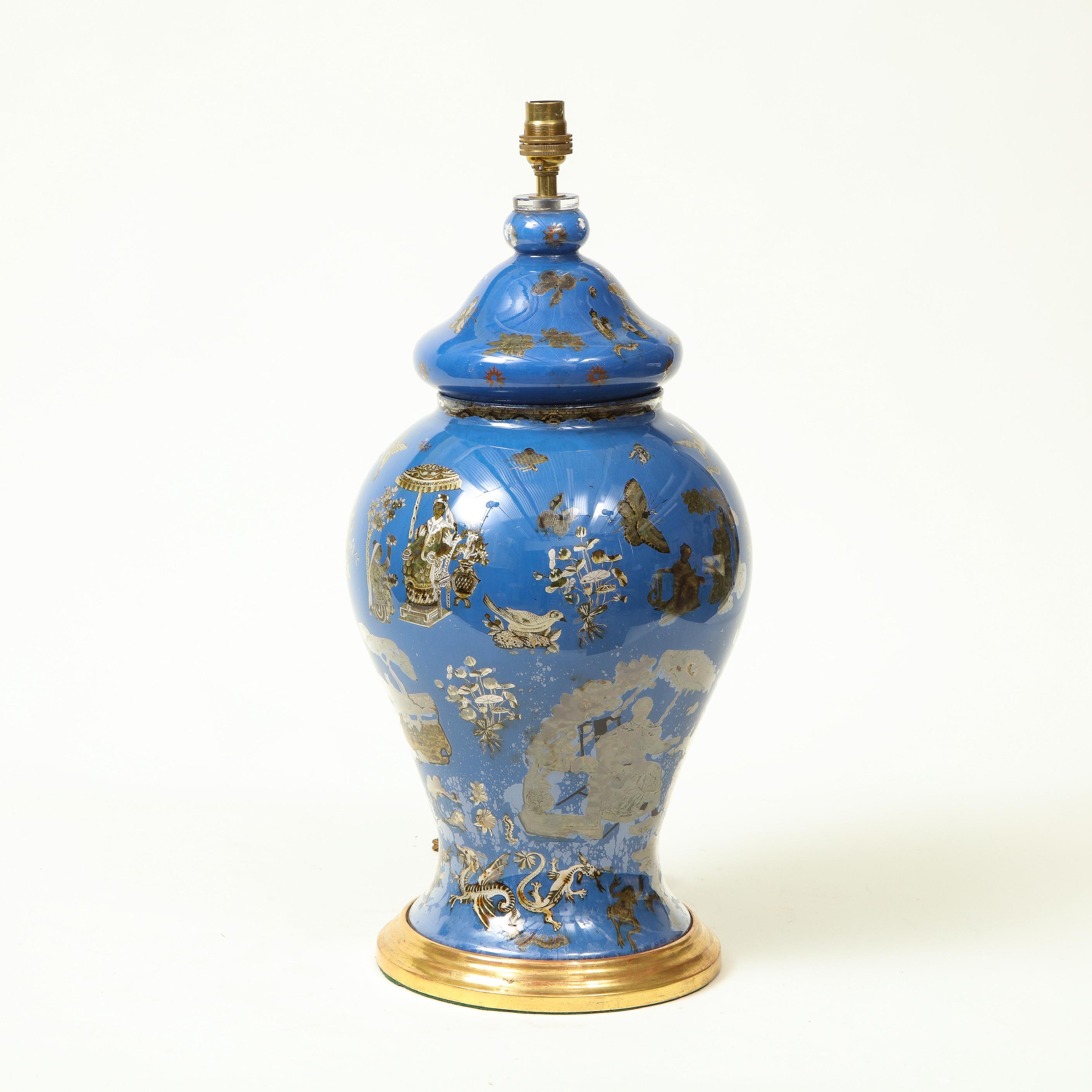 XIXe siècle Lampe Decalcomania bleu royal style chinoiseries en vente