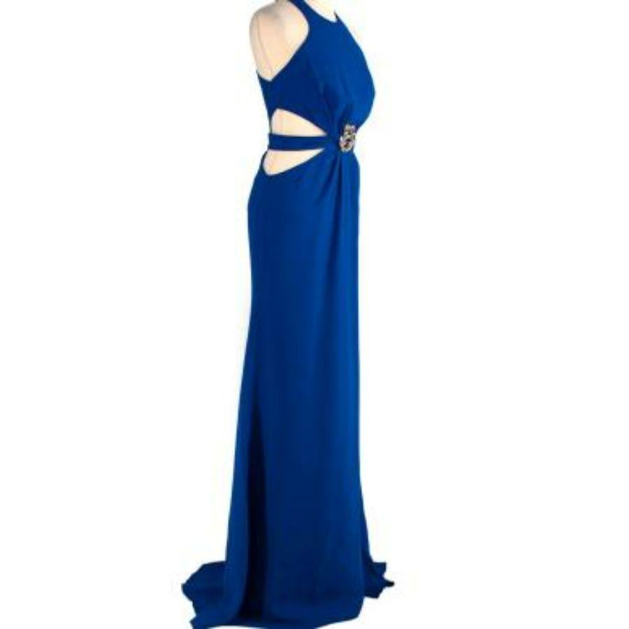 Roberto Cavalli royal blue crepe cut-out column gown
 

 - Vibrant royal blue fluid crepe body
 - Round neck, cutaway shoulder
 - Cut out waist, with mock belt & gold-tone brooch detail
  -Concealed zip back
 - Floor length, fishtail hem
 

 Made in